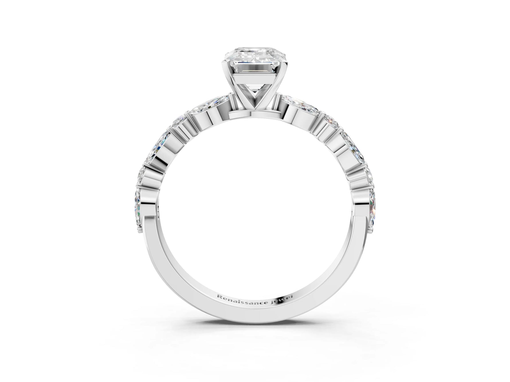Emerald Cut Diamond Solitaire Ring in White gold with Shared Prong Marquise and Round Side Stones_15