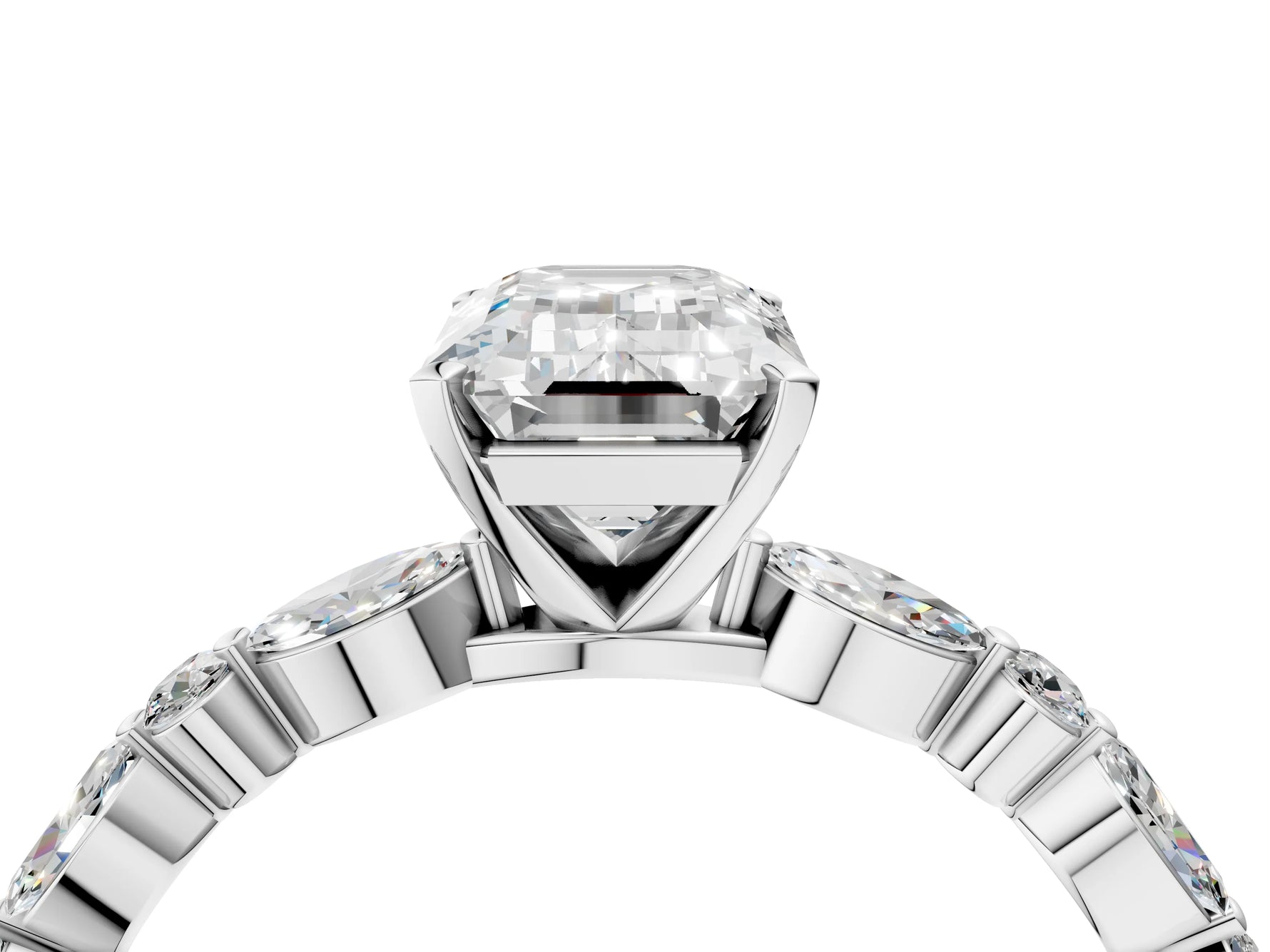 Emerald Cut Diamond Solitaire Ring in White gold with Shared Prong Marquise and Round Side Stones_16