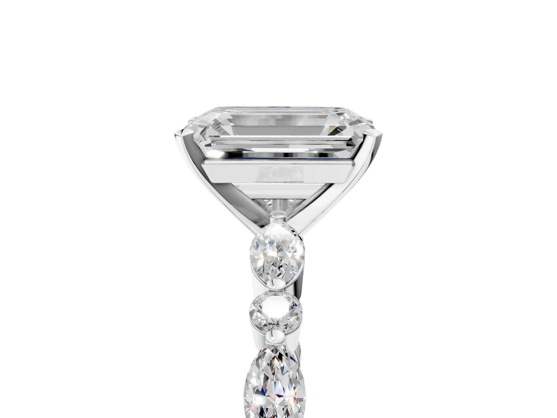 Emerald Cut Diamond Solitaire Ring in White gold with Shared Prong Marquise and Round Side Stones_17