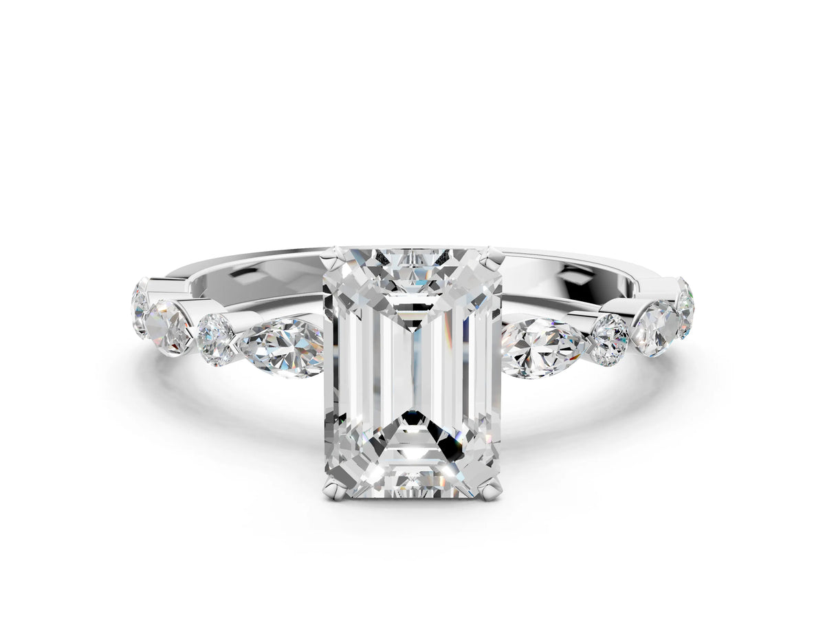 Emerald Cut Diamond Solitaire Ring in White gold with Shared Prong Marquise and Round Side Stones_36