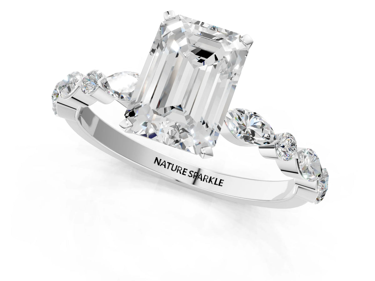 Emerald Cut Diamond Solitaire Ring in White gold with Shared Prong Marquise and Round Side Stones_37