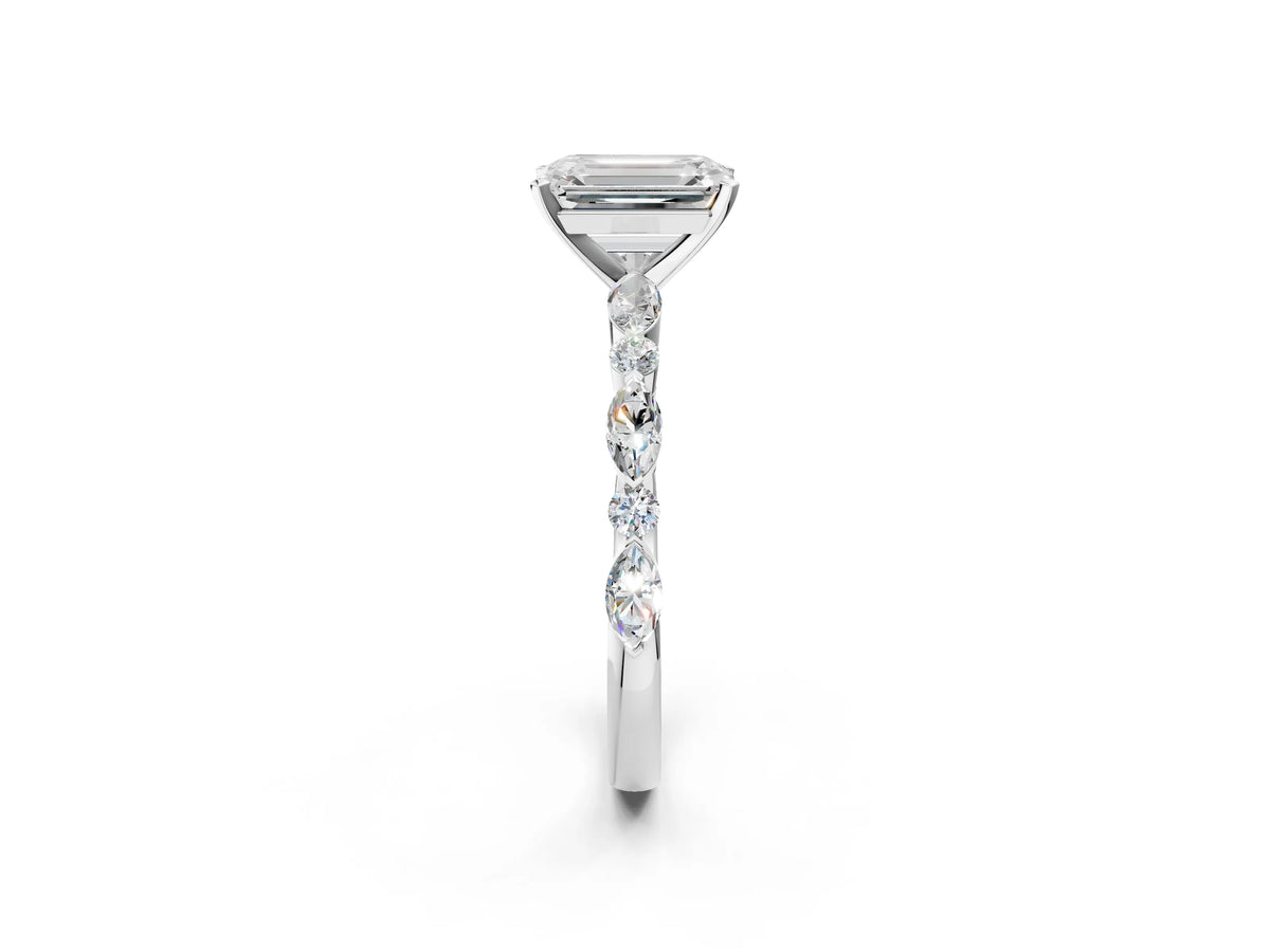 Emerald Cut Diamond Solitaire Ring in White gold with Shared Prong Marquise and Round Side Stones_38