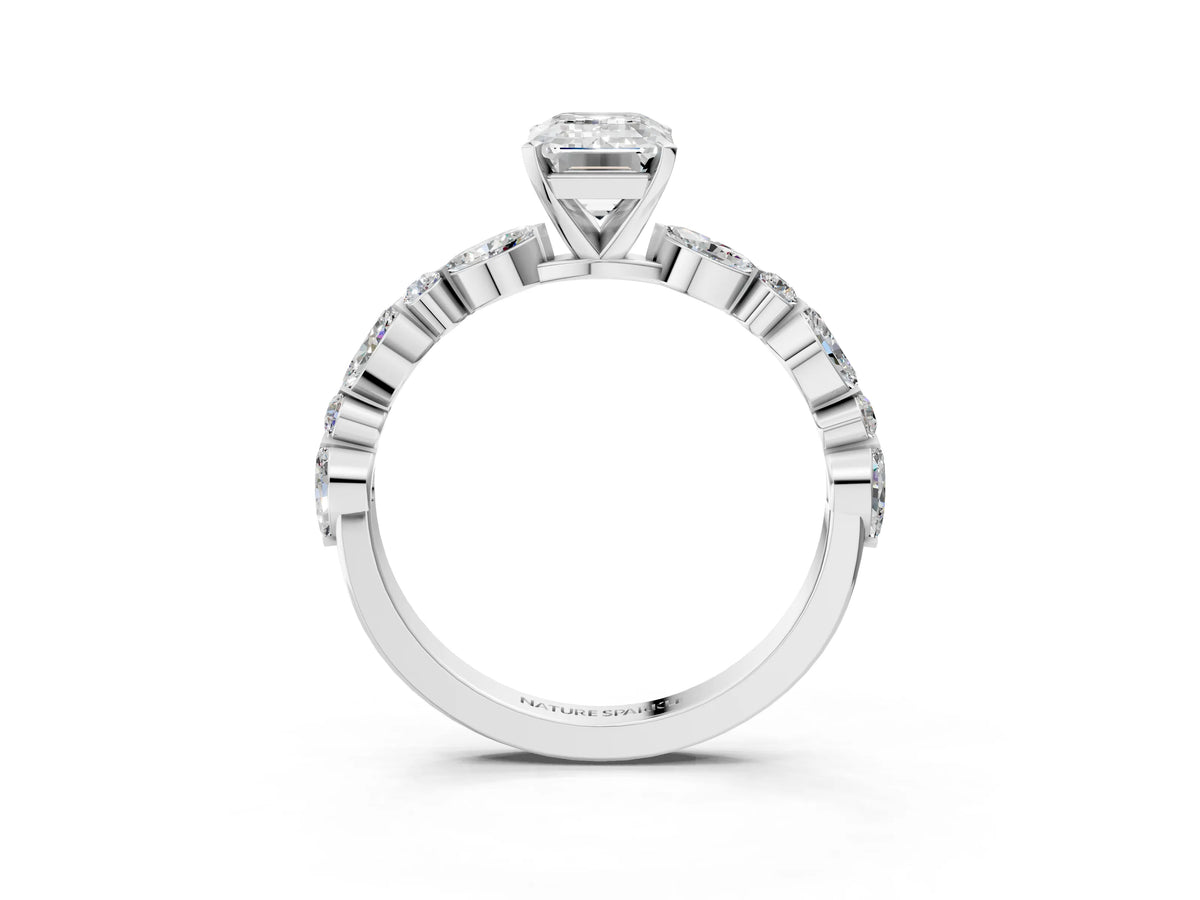 Emerald Cut Diamond Solitaire Ring in White gold with Shared Prong Marquise and Round Side Stones_39