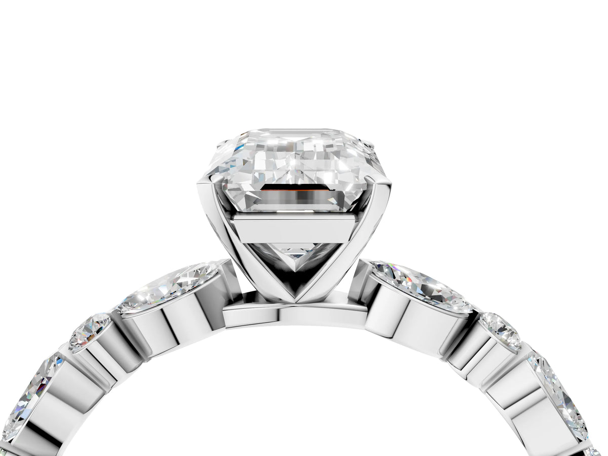 Emerald Cut Diamond Solitaire Ring in White gold with Shared Prong Marquise and Round Side Stones_40