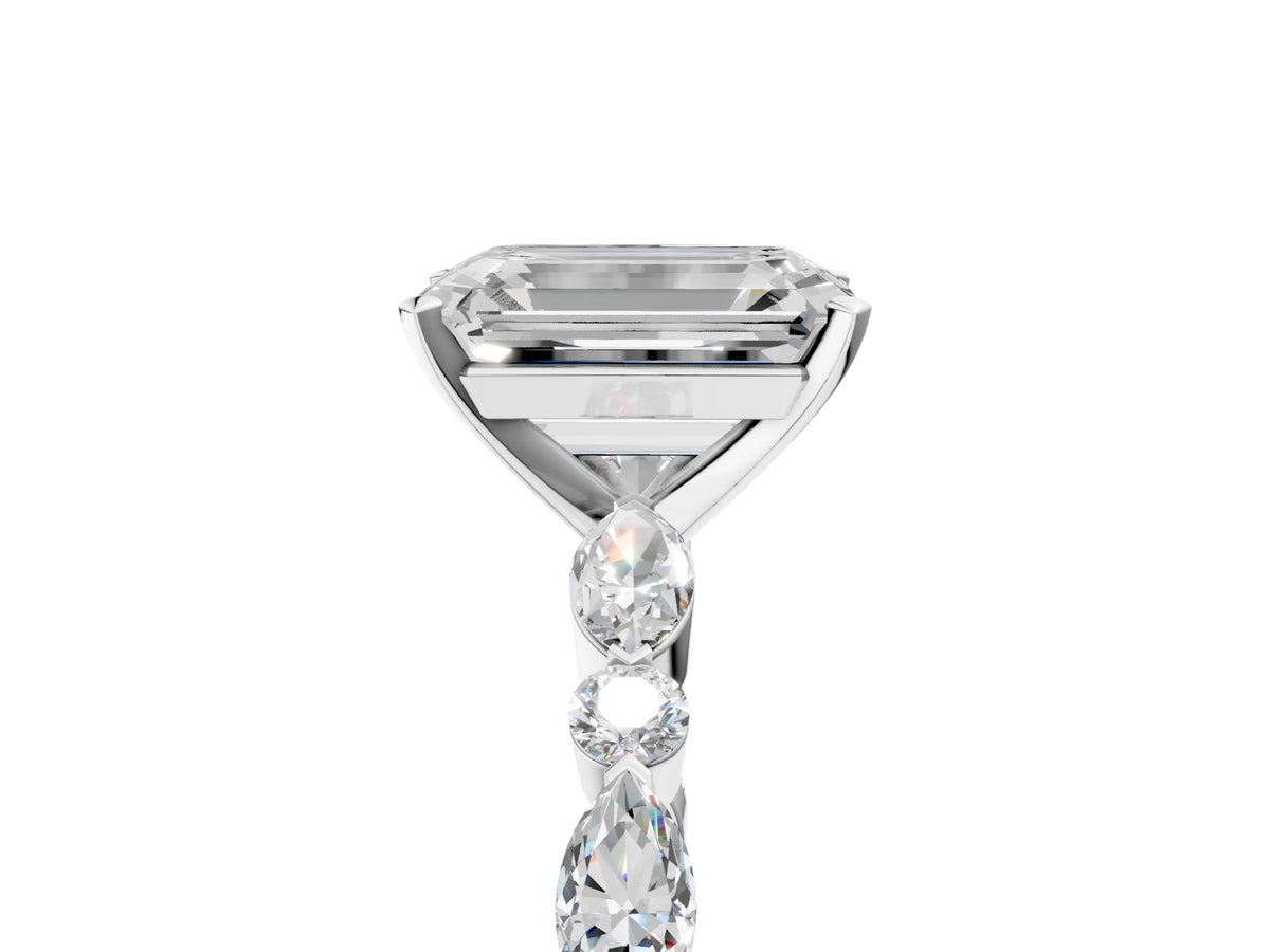 Emerald Cut Diamond Solitaire Ring in White gold with Shared Prong Marquise and Round Side Stones_41