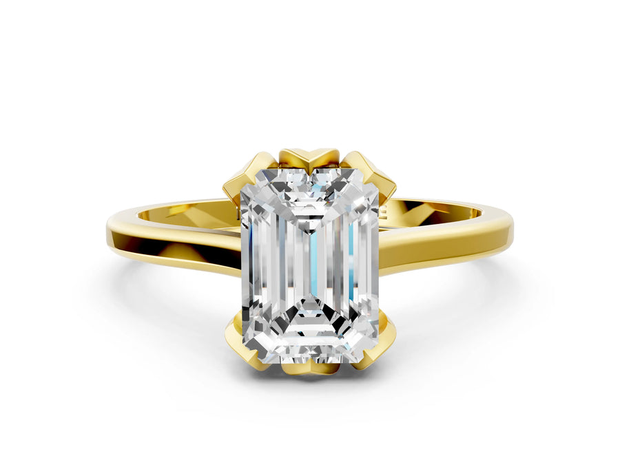 Emerald Cut Diamond Solitaire Ring in Yellow gold with Flower Prong Setting