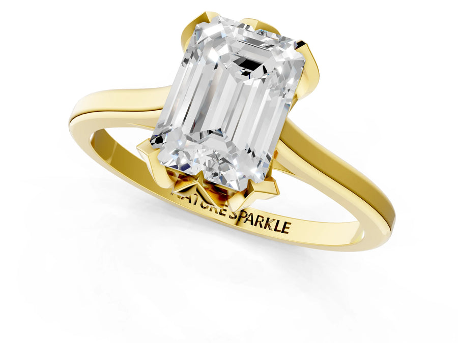 Emerald Cut Diamond Solitaire Ring in Yellow gold with Flower Prong Setting