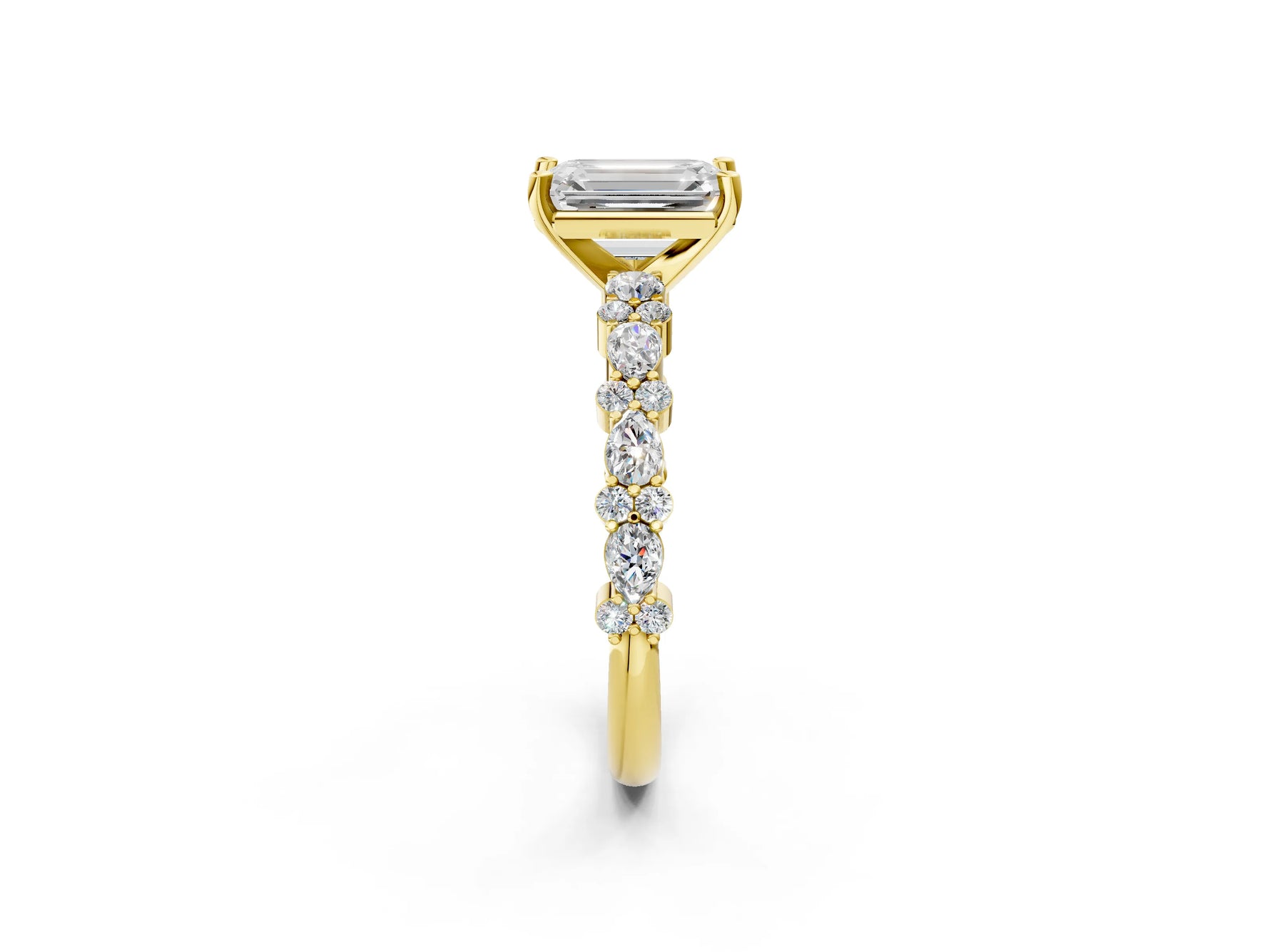 Emerald Cut Diamond Solitaire Ring in Yellow gold with Pear and Round Cluster Band_14