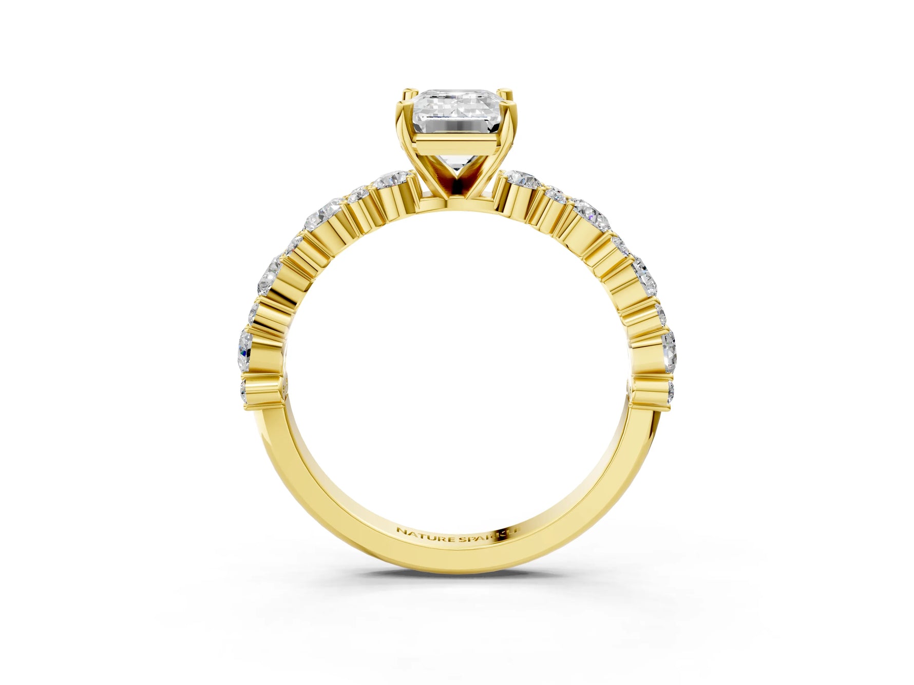 Emerald Cut Diamond Solitaire Ring in Yellow gold with Pear and Round Cluster Band_15