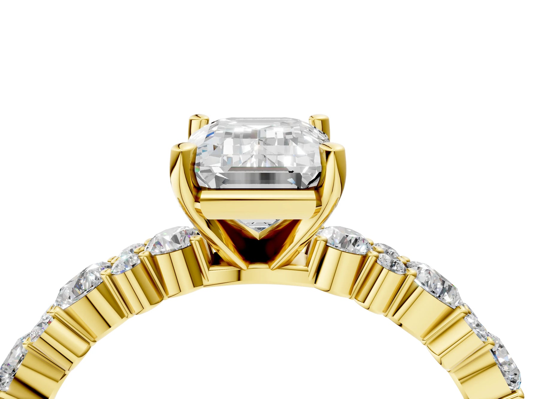 Emerald Cut Diamond Solitaire Ring in Yellow gold with Pear and Round Cluster Band_16