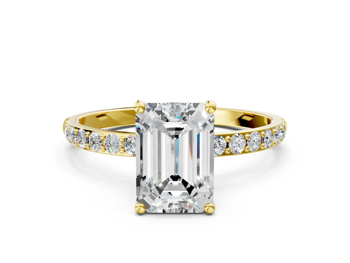 Emerald Cut Diamond Solitaire Ring in Yellow gold with Round Pavé Band_30