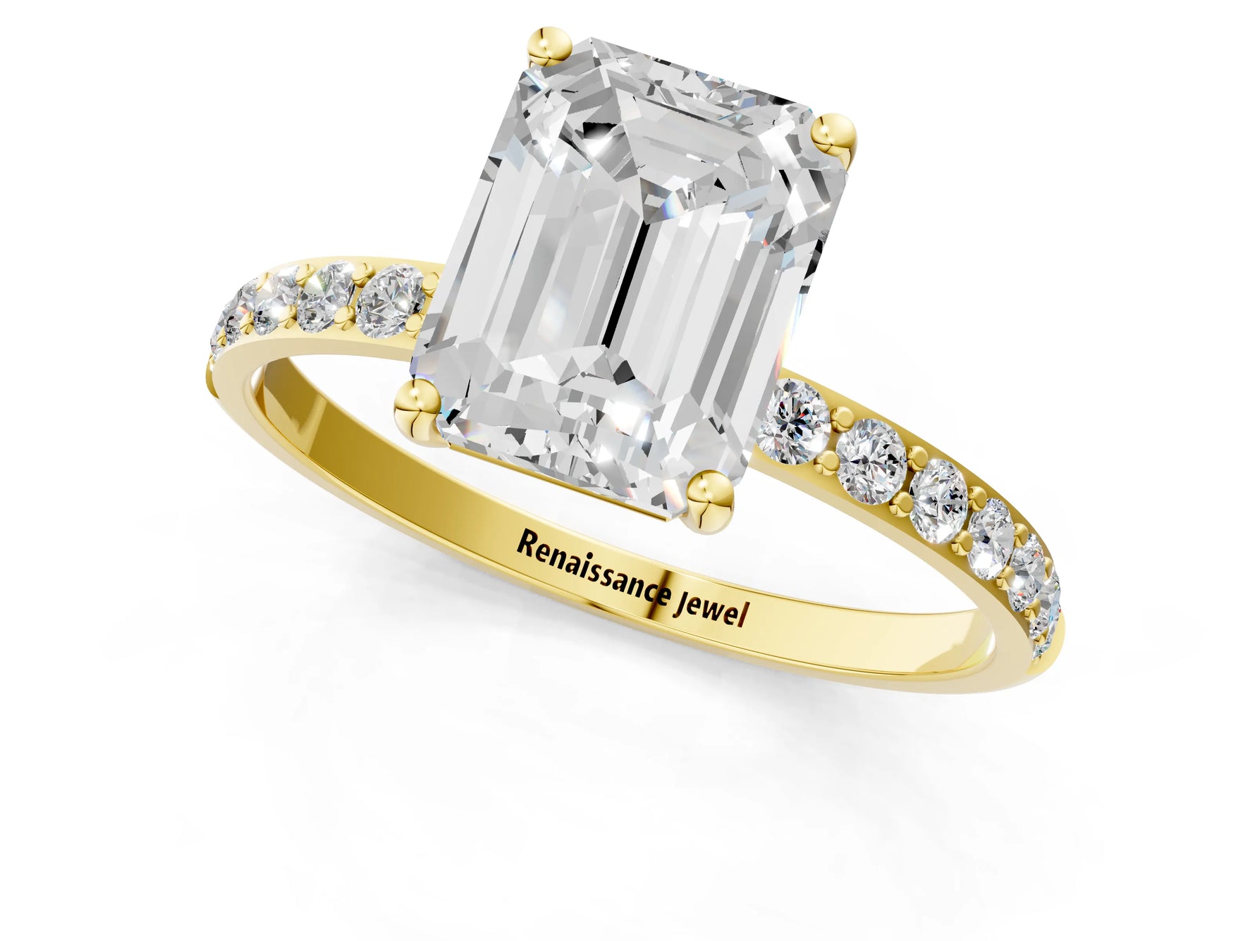 Emerald Cut Diamond Solitaire Ring in Yellow gold with Round Pavé Band_7
