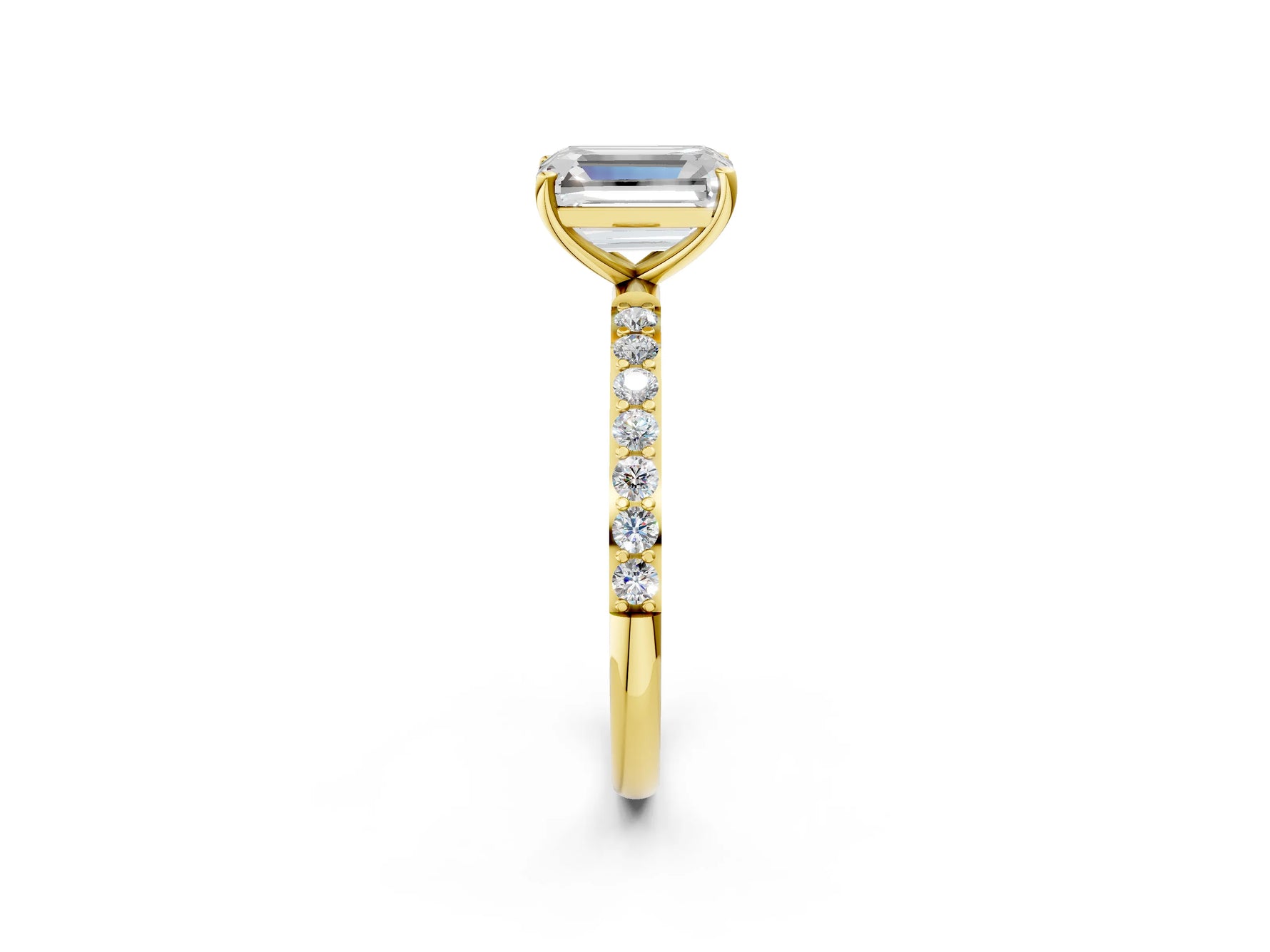 Emerald Cut Diamond Solitaire Ring in Yellow gold with Round Pavé Band_8