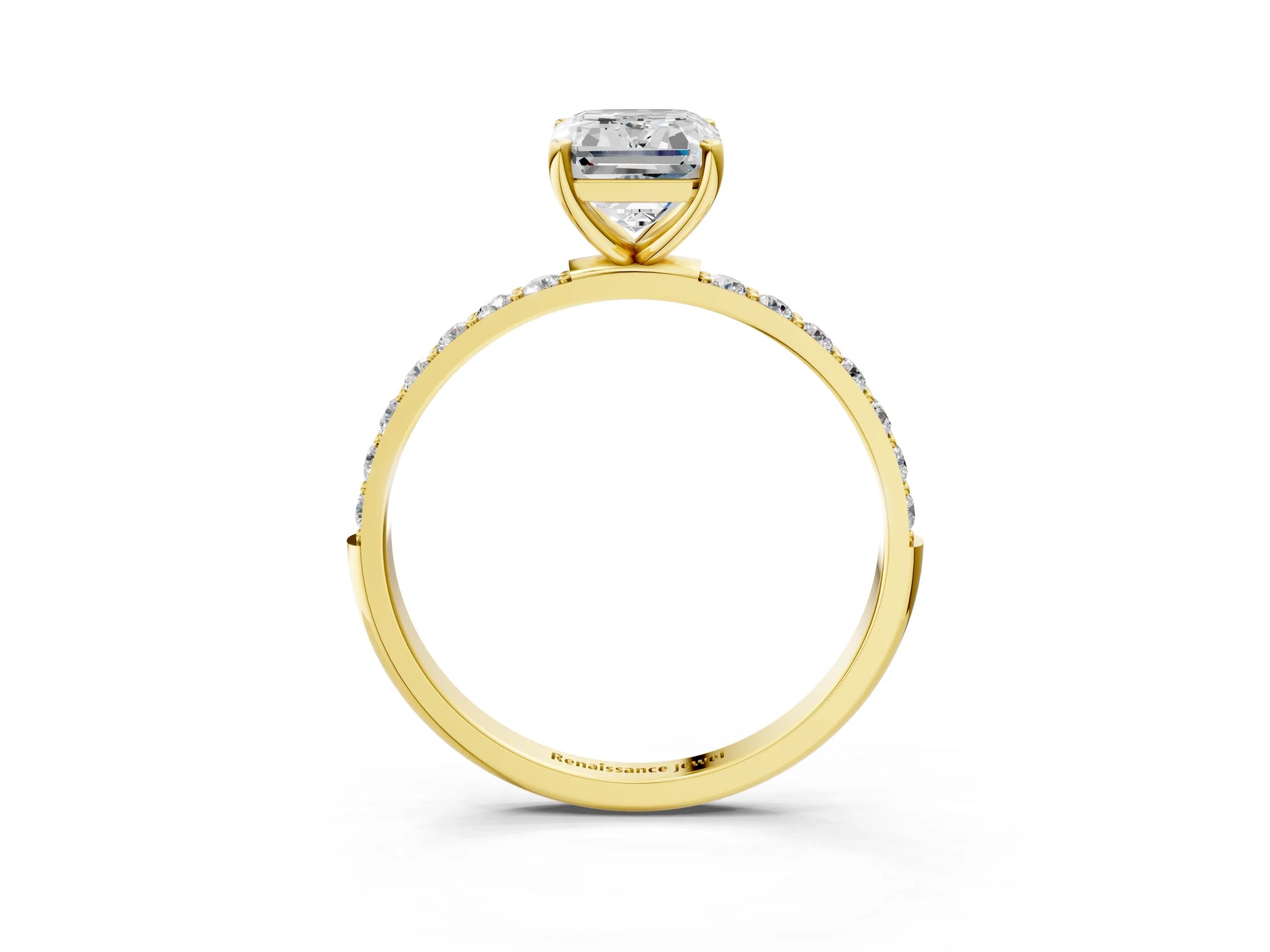 Emerald Cut Diamond Solitaire Ring in Yellow gold with Round Pavé Band_9