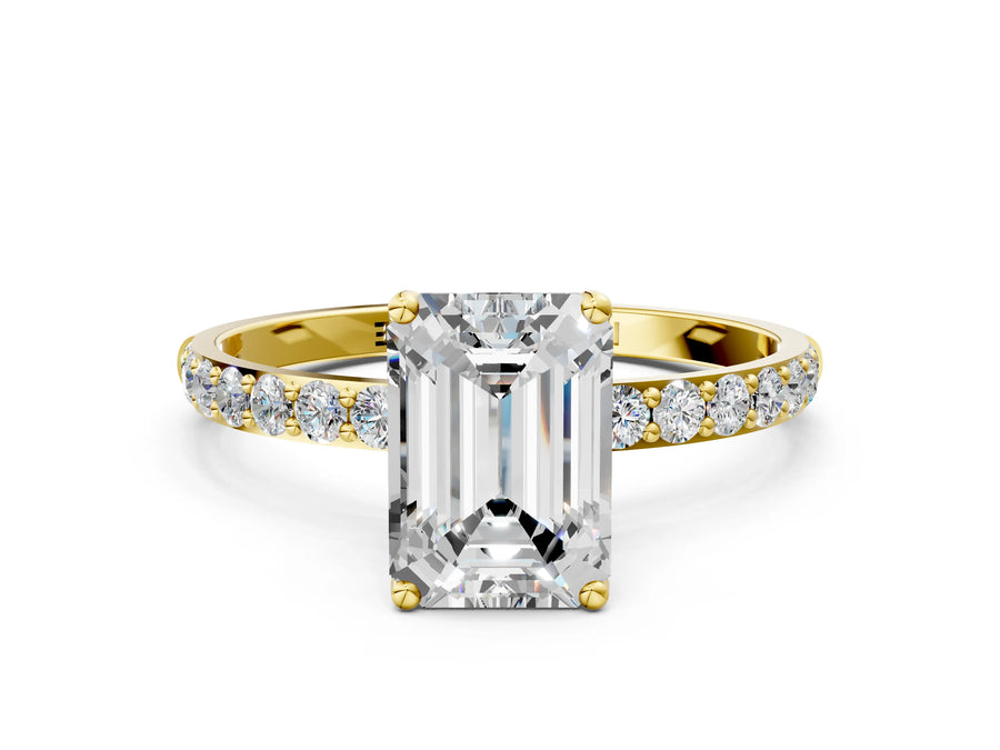 Emerald Cut Diamond Solitaire Ring in Yellow gold with Round Shared Prong Pavé Band