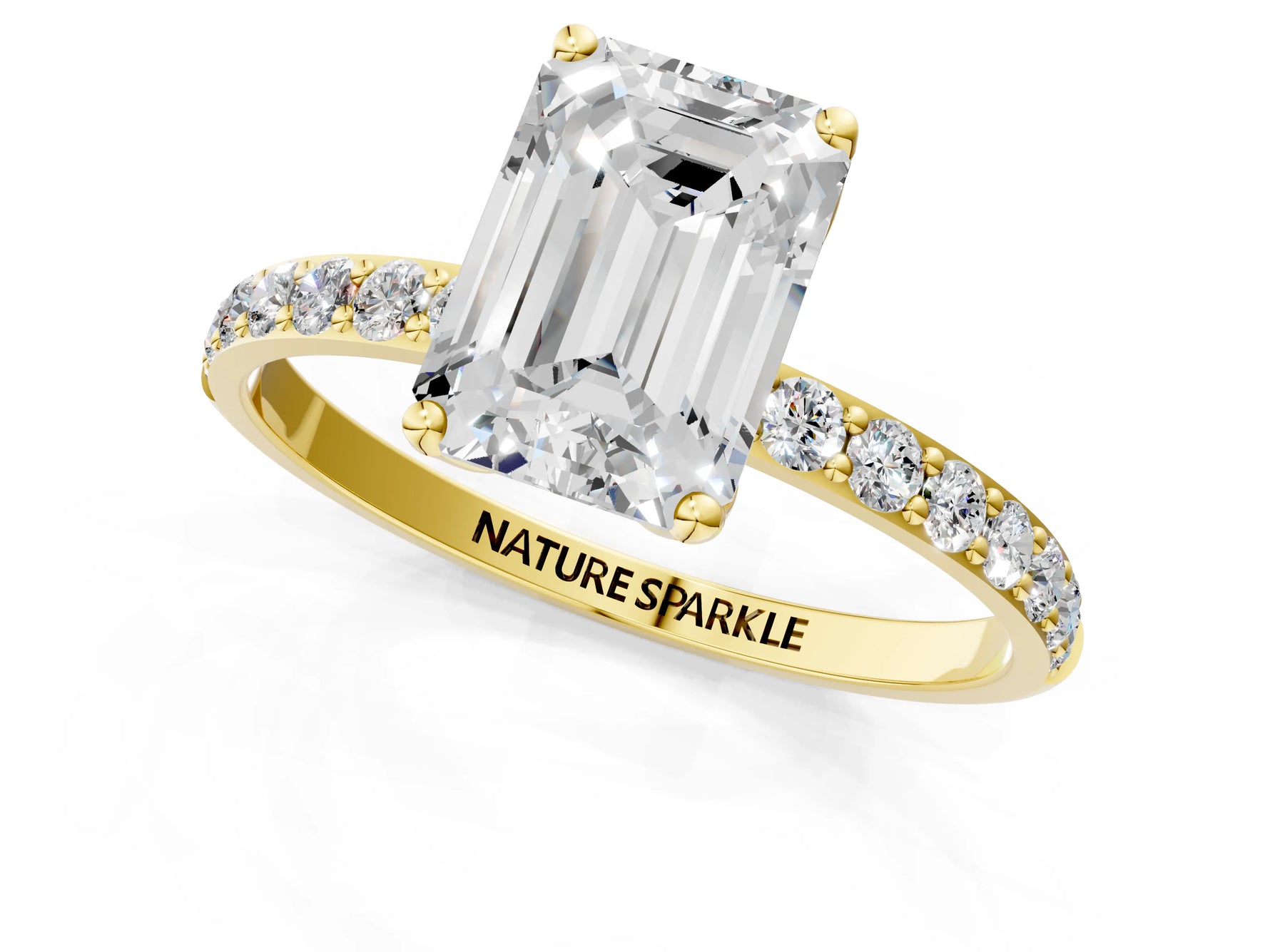 Emerald Cut Diamond Solitaire Ring in Yellow gold with Round Shared Prong Pavé Band_19