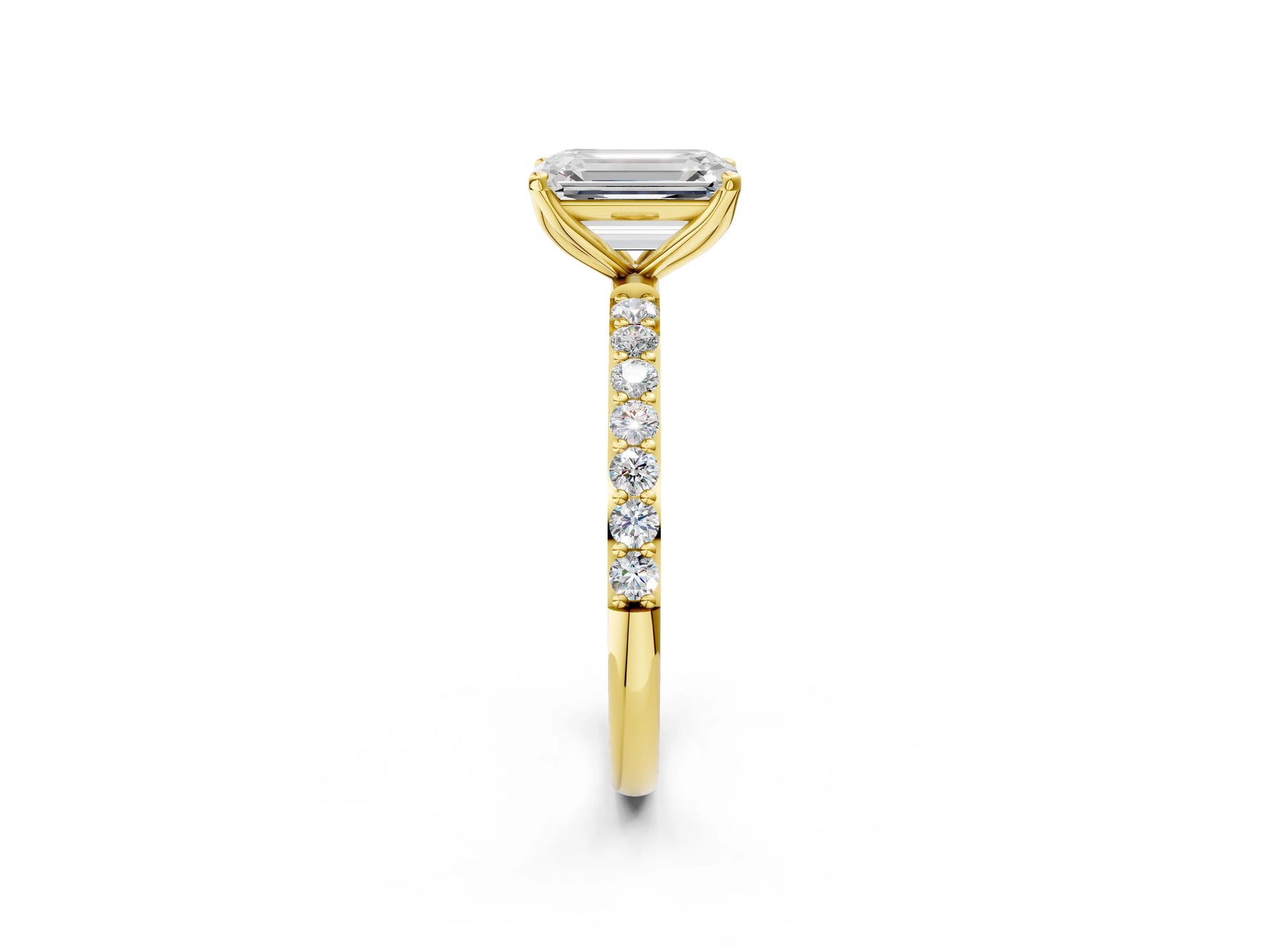 Emerald Cut Diamond Solitaire Ring in Yellow gold with Round Shared Prong Pavé Band_20