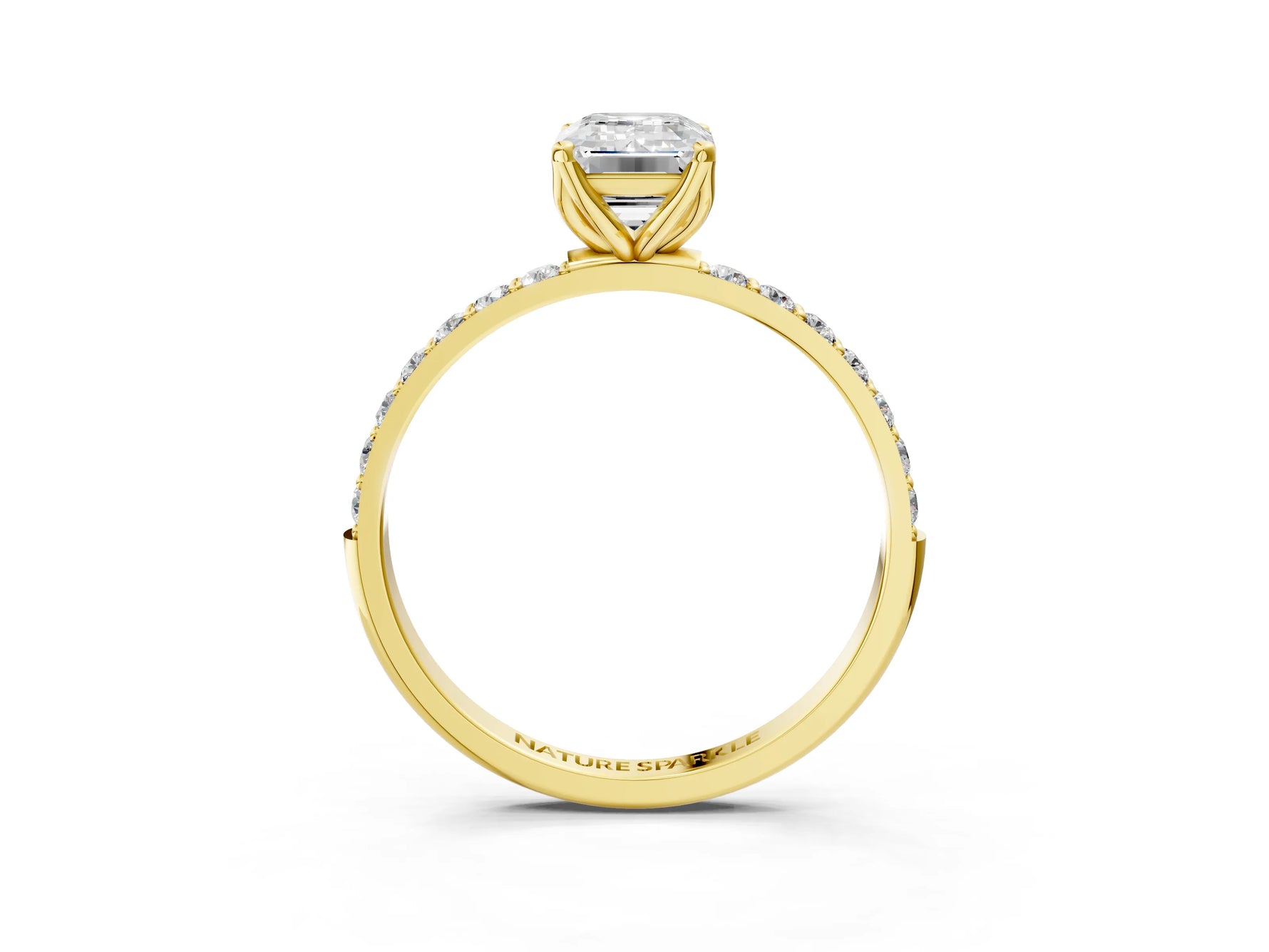 Emerald Cut Diamond Solitaire Ring in Yellow gold with Round Shared Prong Pavé Band_21