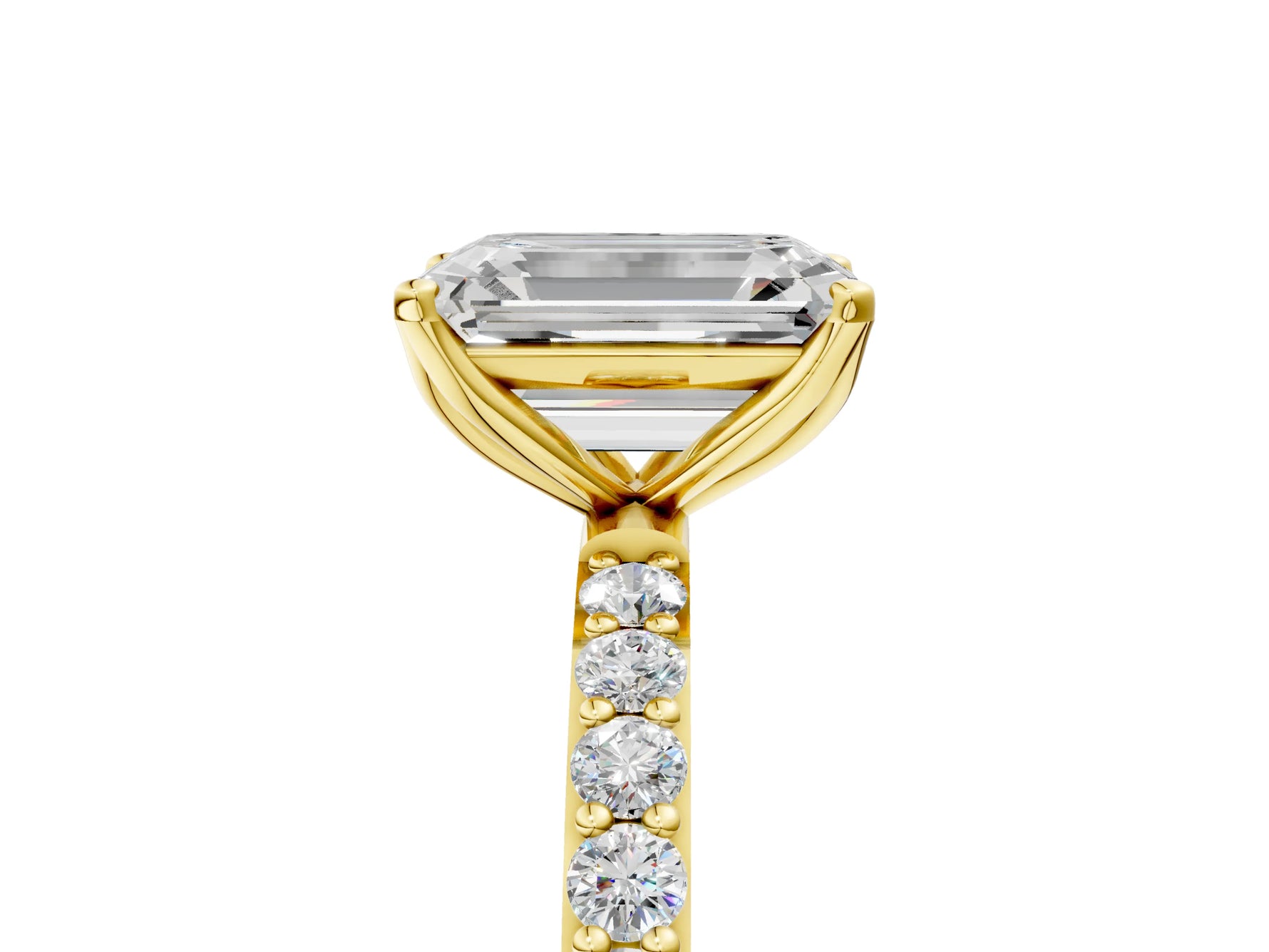 Emerald Cut Diamond Solitaire Ring in Yellow gold with Round Shared Prong Pavé Band_23
