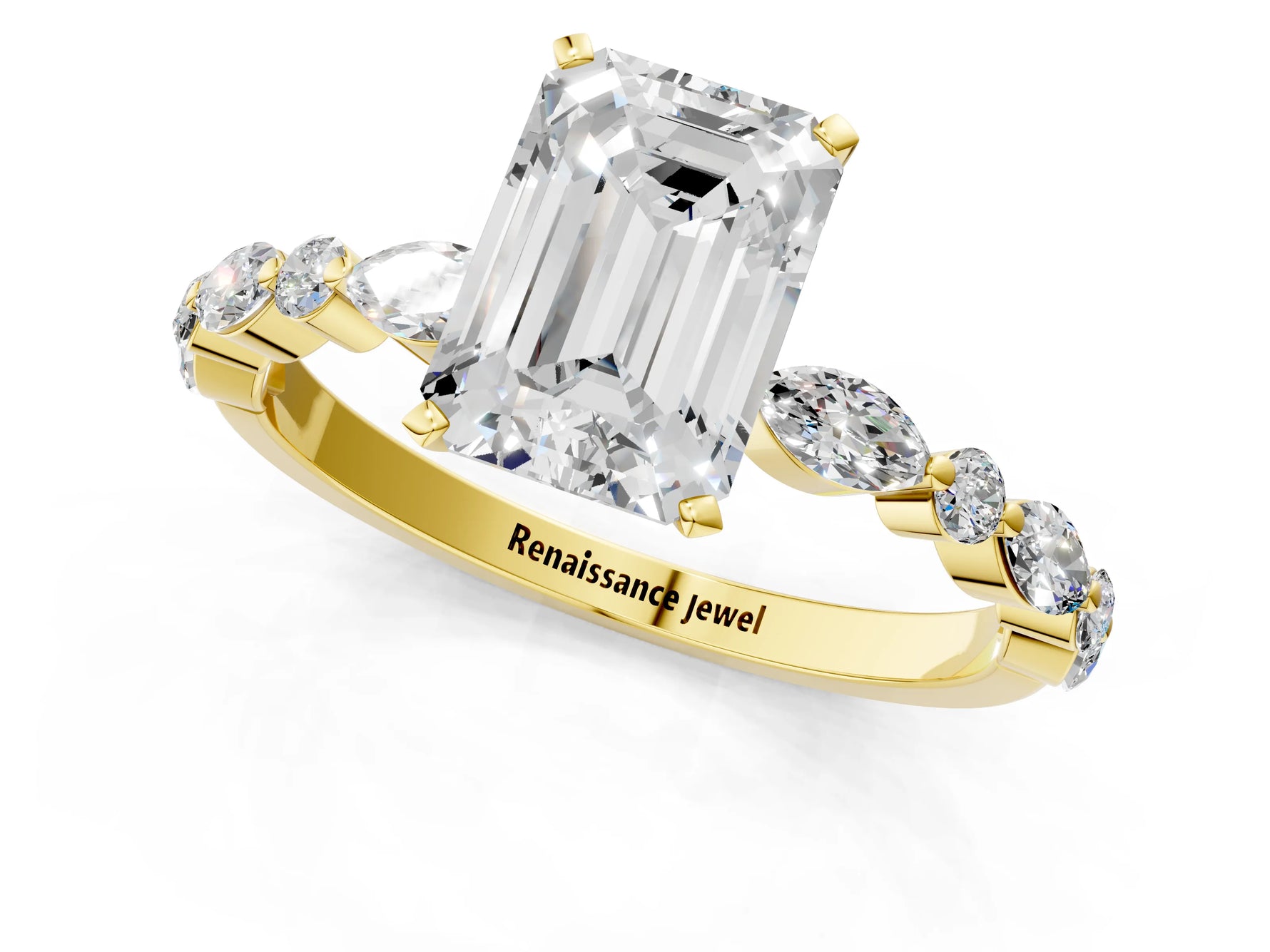 Emerald Cut Diamond Solitaire Ring in Yellow gold with Shared Prong Marquise and Round Side Stones_13