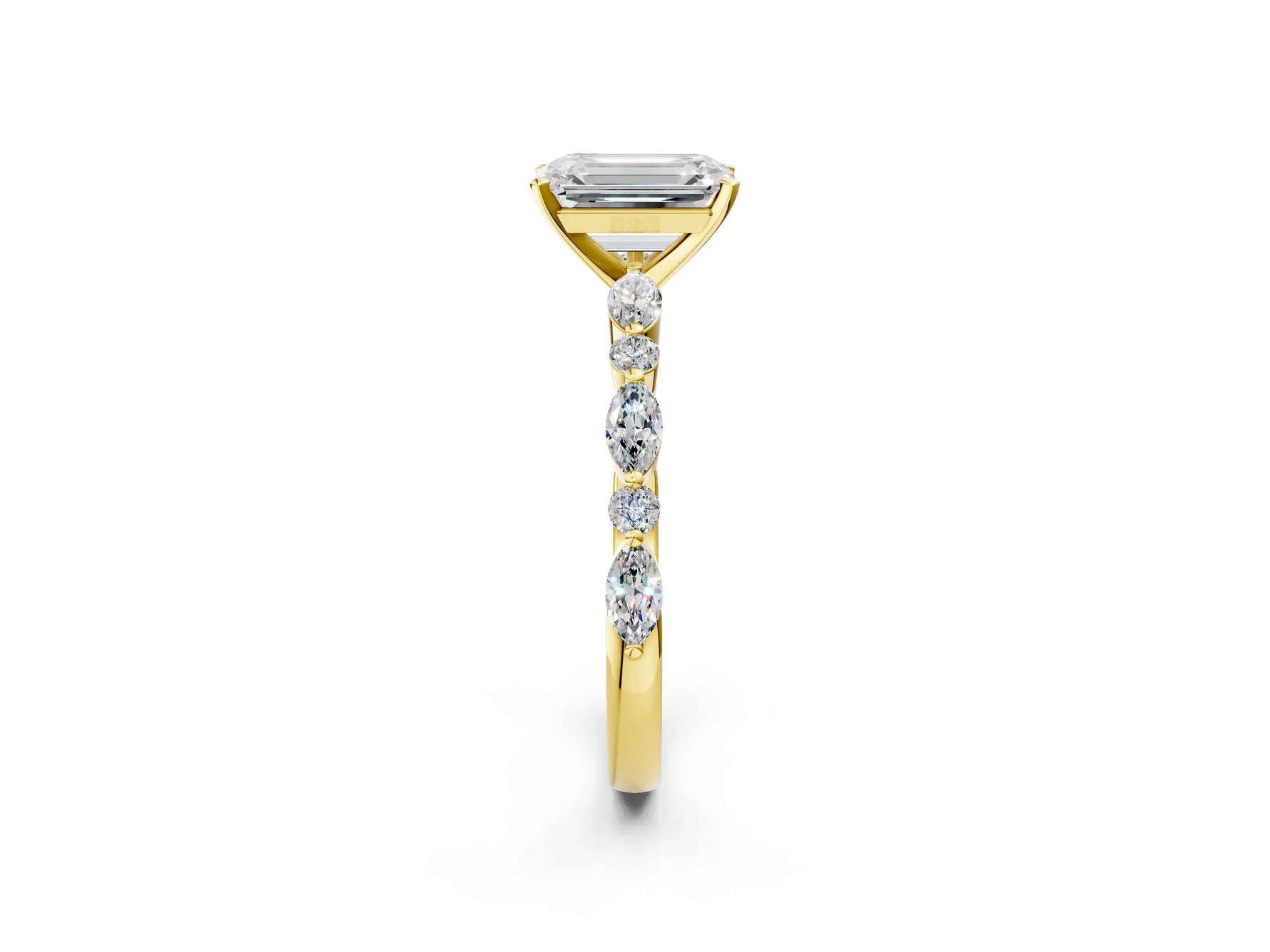 Emerald Cut Diamond Solitaire Ring in Yellow gold with Shared Prong Marquise and Round Side Stones_14