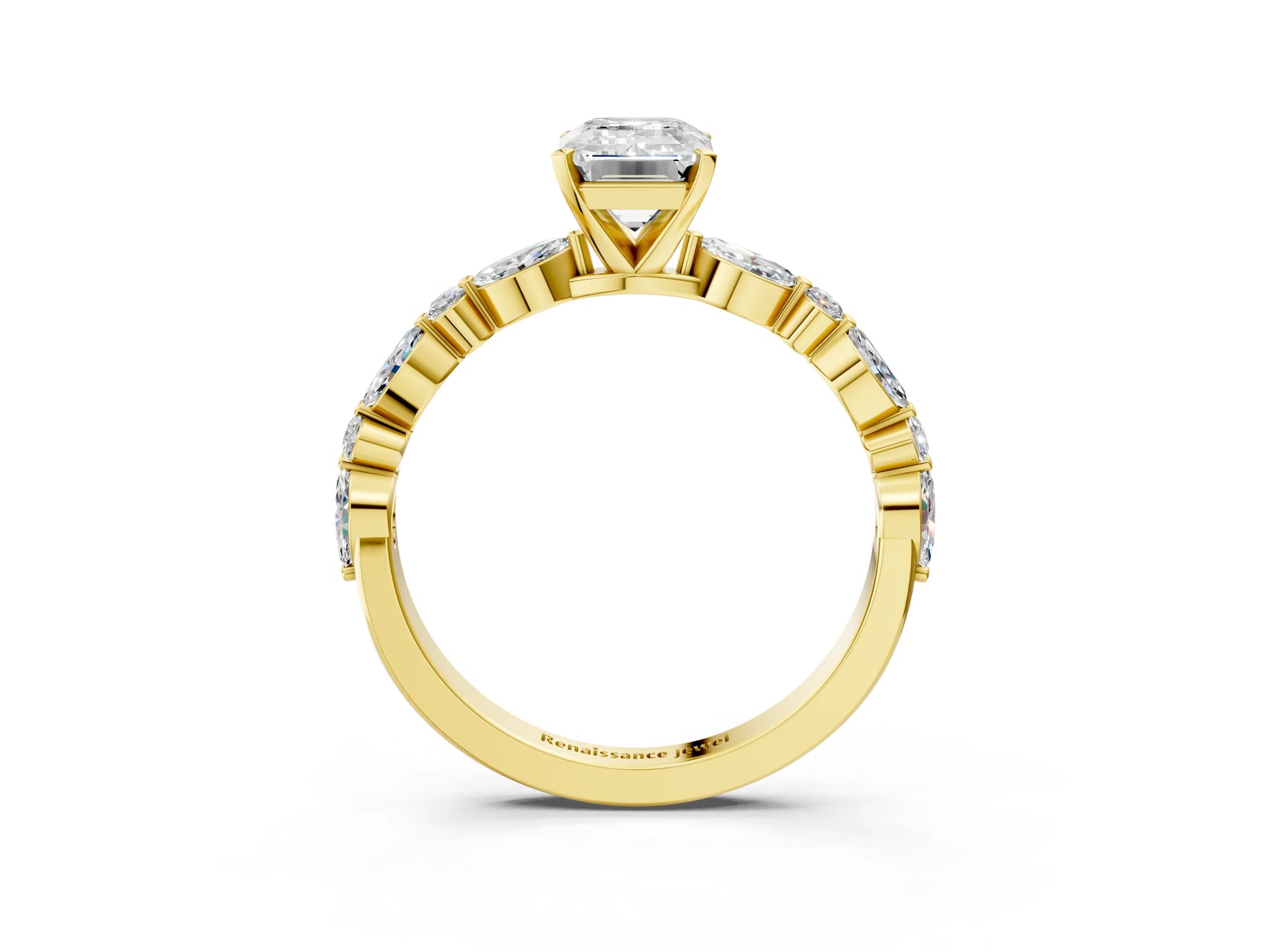 Emerald Cut Diamond Solitaire Ring in Yellow gold with Shared Prong Marquise and Round Side Stones_15