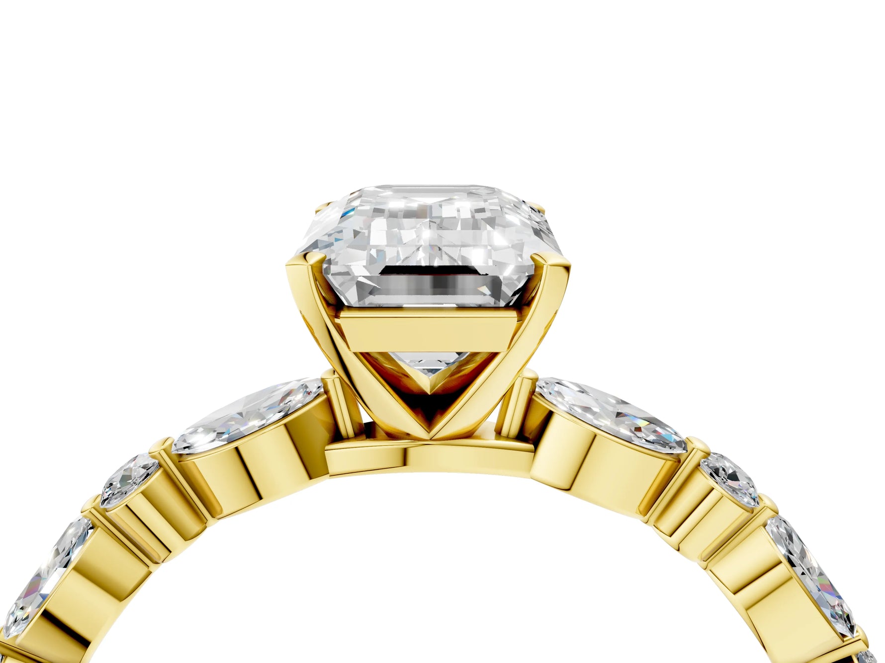 Emerald Cut Diamond Solitaire Ring in Yellow gold with Shared Prong Marquise and Round Side Stones_16