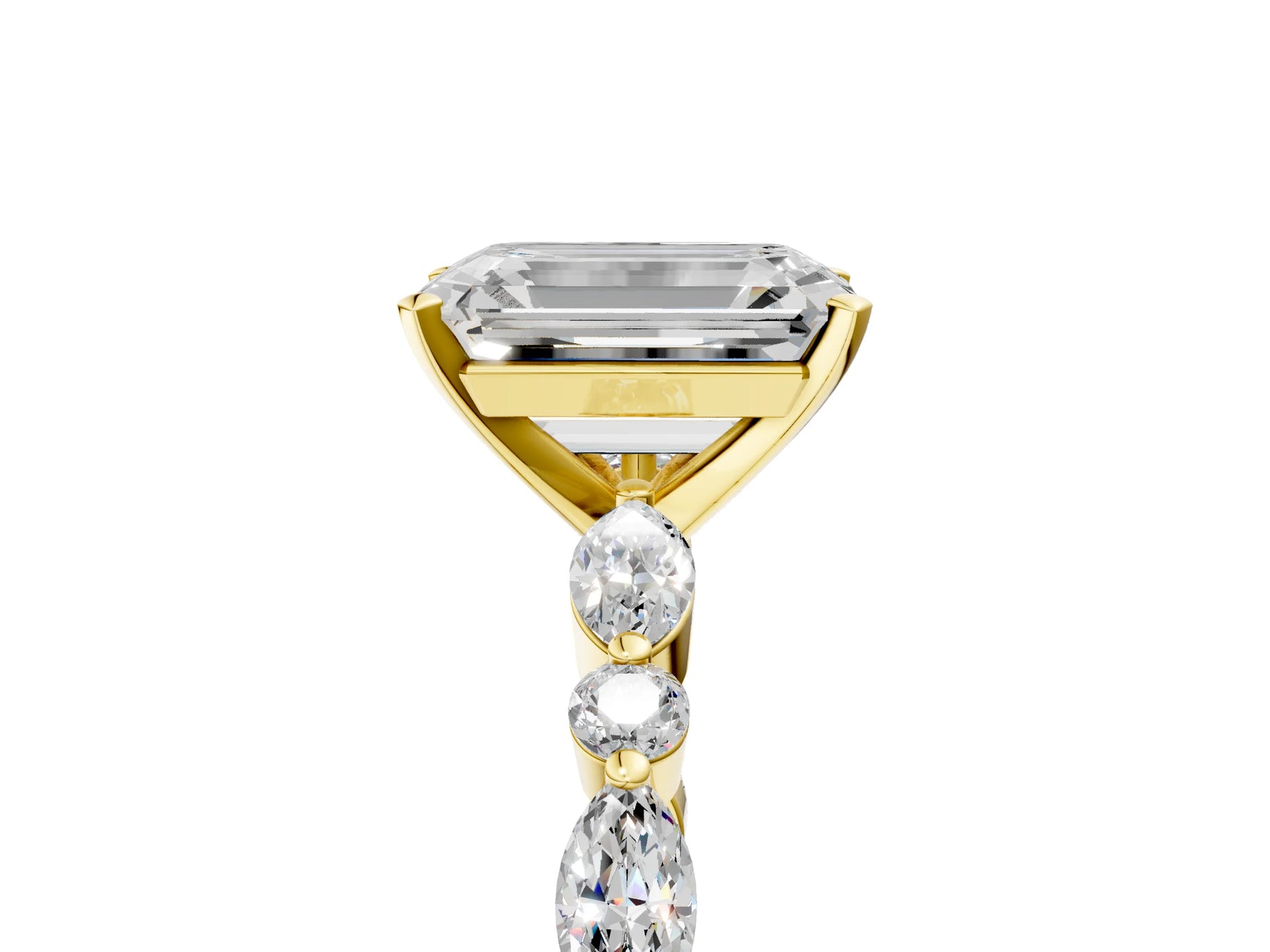 Emerald Cut Diamond Solitaire Ring in Yellow gold with Shared Prong Marquise and Round Side Stones_17