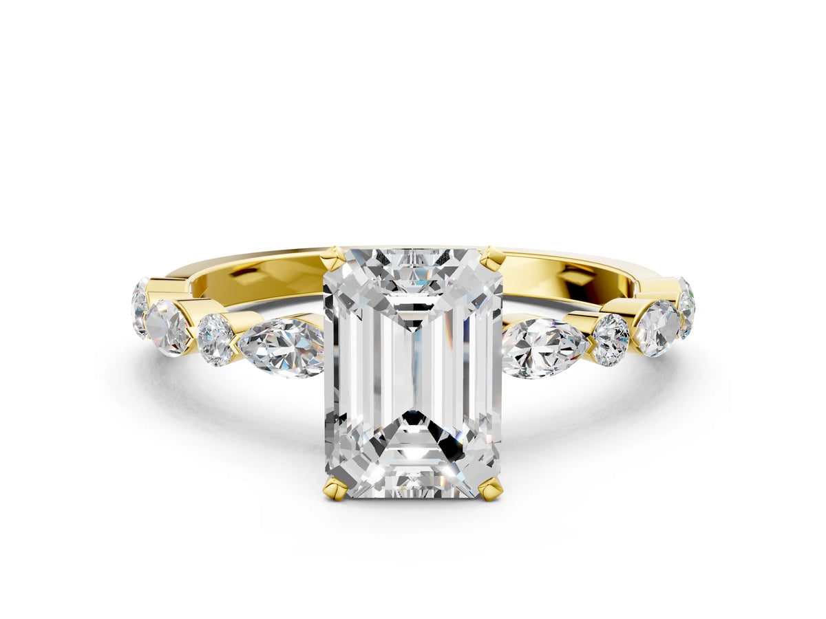Emerald Cut Diamond Solitaire Ring in Yellow gold with Shared Prong Marquise and Round Side Stones_36
