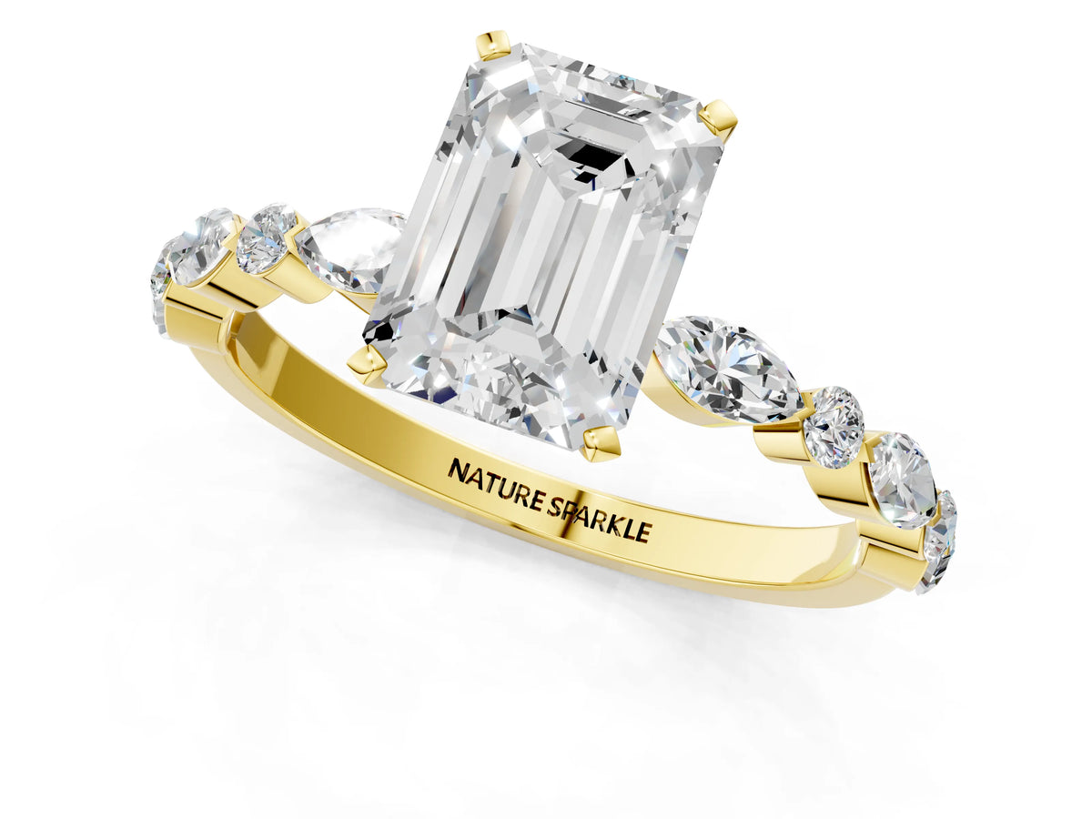 Emerald Cut Diamond Solitaire Ring in Yellow gold with Shared Prong Marquise and Round Side Stones_37