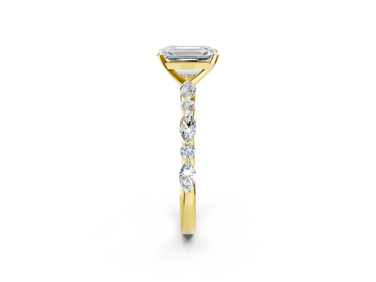 Emerald Cut Diamond Solitaire Ring in Yellow gold with Shared Prong Marquise and Round Side Stones_38