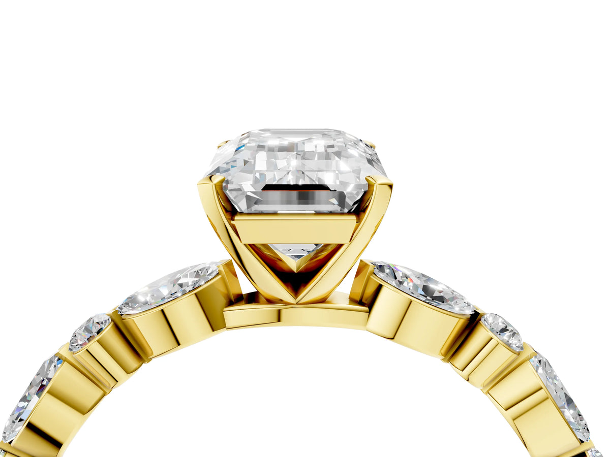 Emerald Cut Diamond Solitaire Ring in Yellow gold with Shared Prong Marquise and Round Side Stones_40