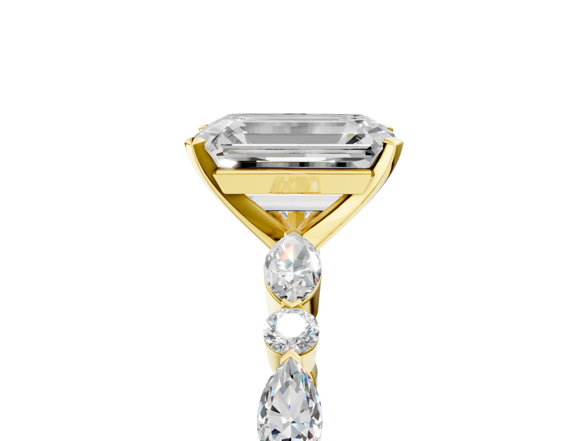 Emerald Cut Diamond Solitaire Ring in Yellow gold with Shared Prong Marquise and Round Side Stones_41