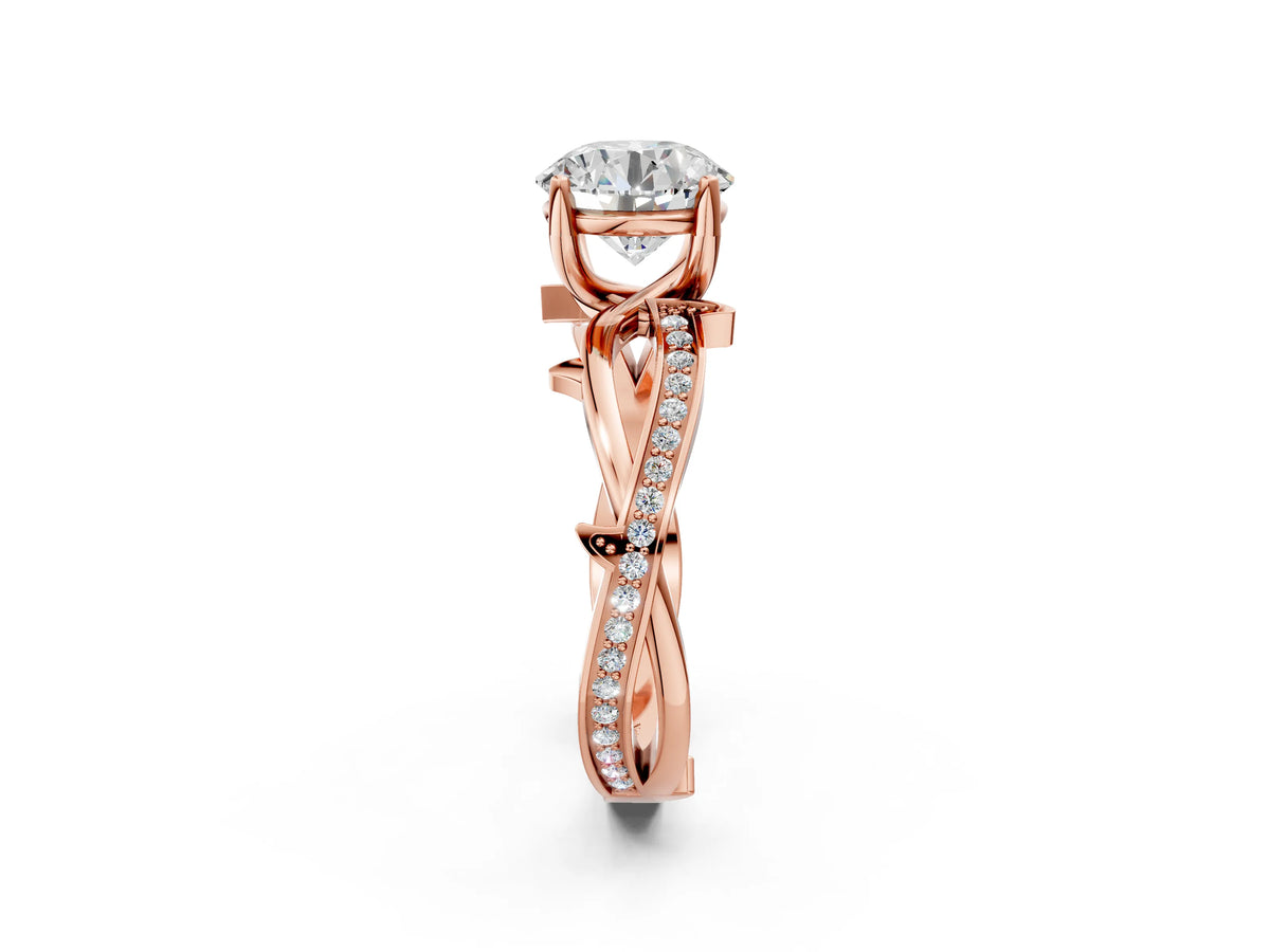 Emerald Cut Diamond Solitaire Twist Band Ring in Rose gold with Pavé Accents and Prong Setting_2