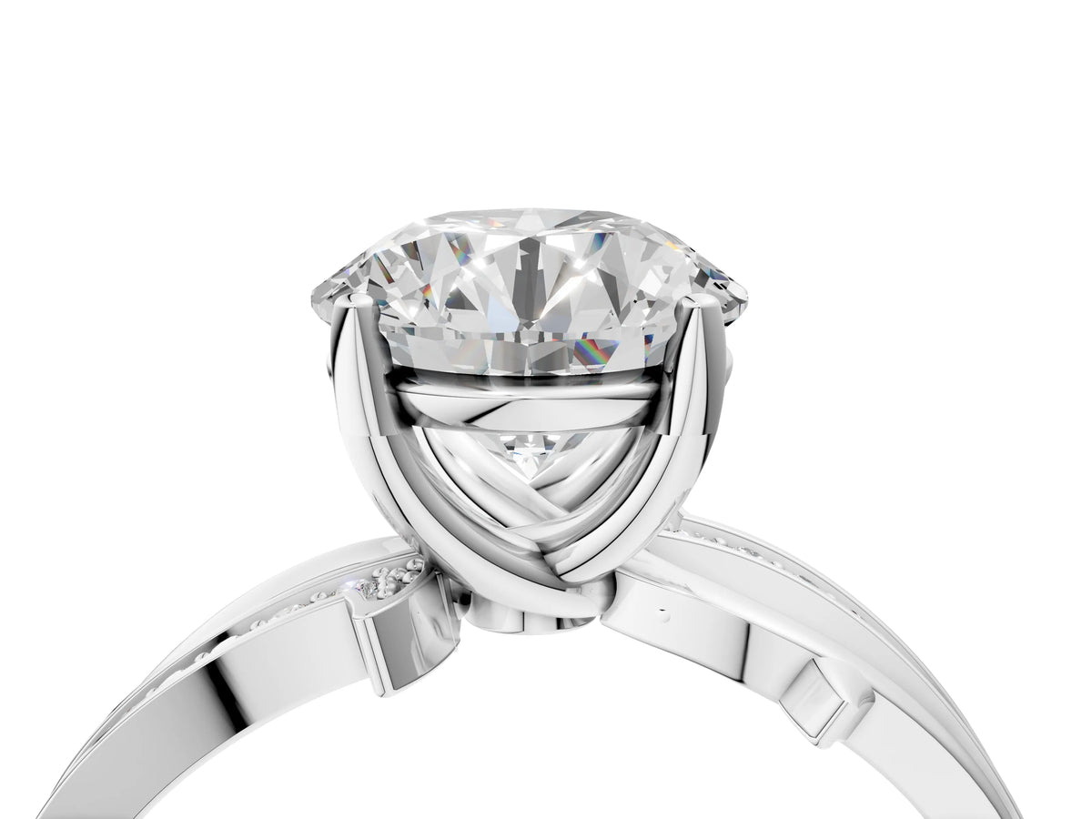 Emerald Cut Diamond Solitaire Twist Band Ring in White gold with Pavé Accents and Prong Setting_28