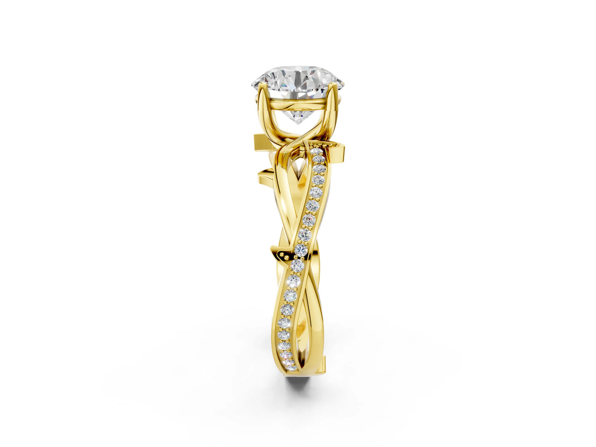 Emerald Cut Diamond Solitaire Twist Band Ring in Yellow gold with Pavé Accents and Prong Setting_2