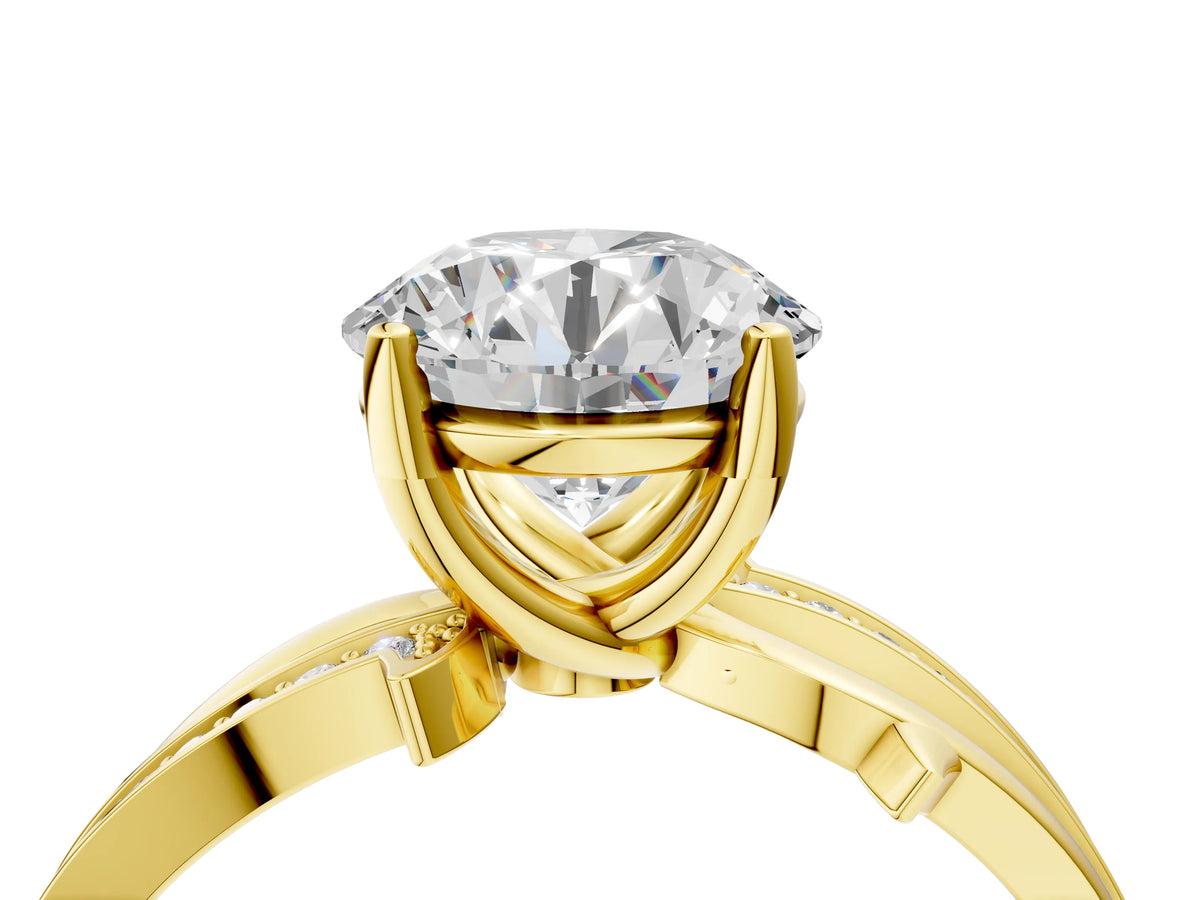 Emerald Cut Diamond Solitaire Twist Band Ring in Yellow gold with Pavé Accents and Prong Setting_4
