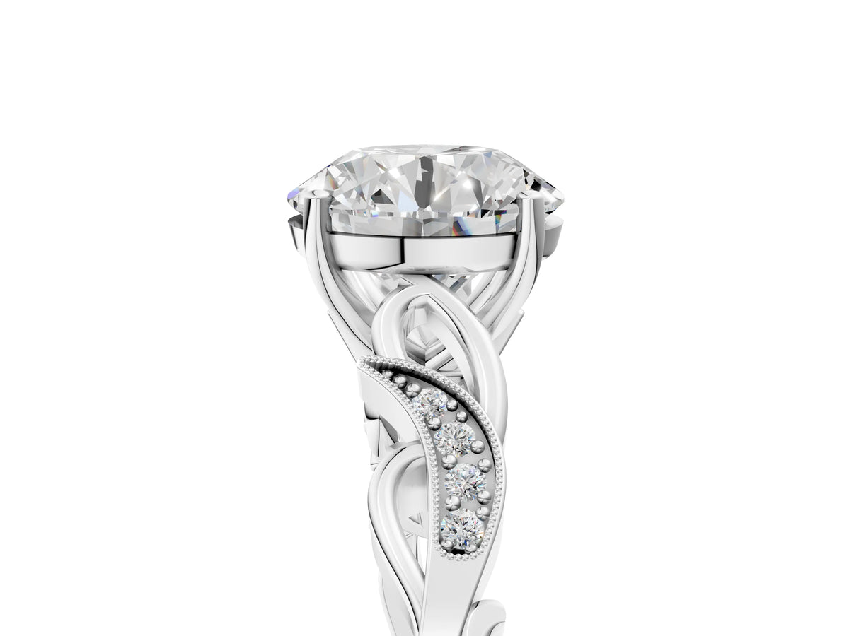 Emerald Cut Diamond Solitaire Vine Band Ring in Platinum with Milgrain Prong Setting_5