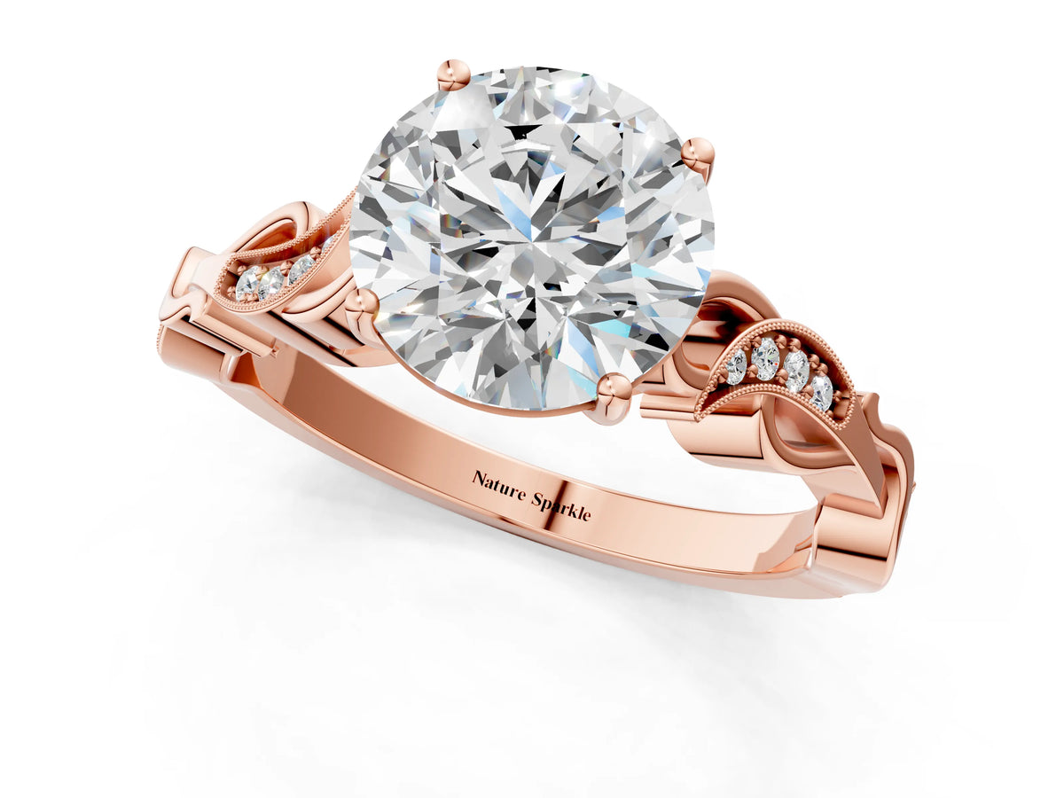 Emerald Cut Diamond Solitaire Vine Band Ring in Rose gold with Milgrain Prong Setting_1