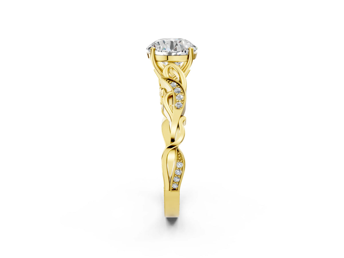 Emerald Cut Diamond Solitaire Vine Band Ring in Yellow gold with Milgrain Prong Setting_2