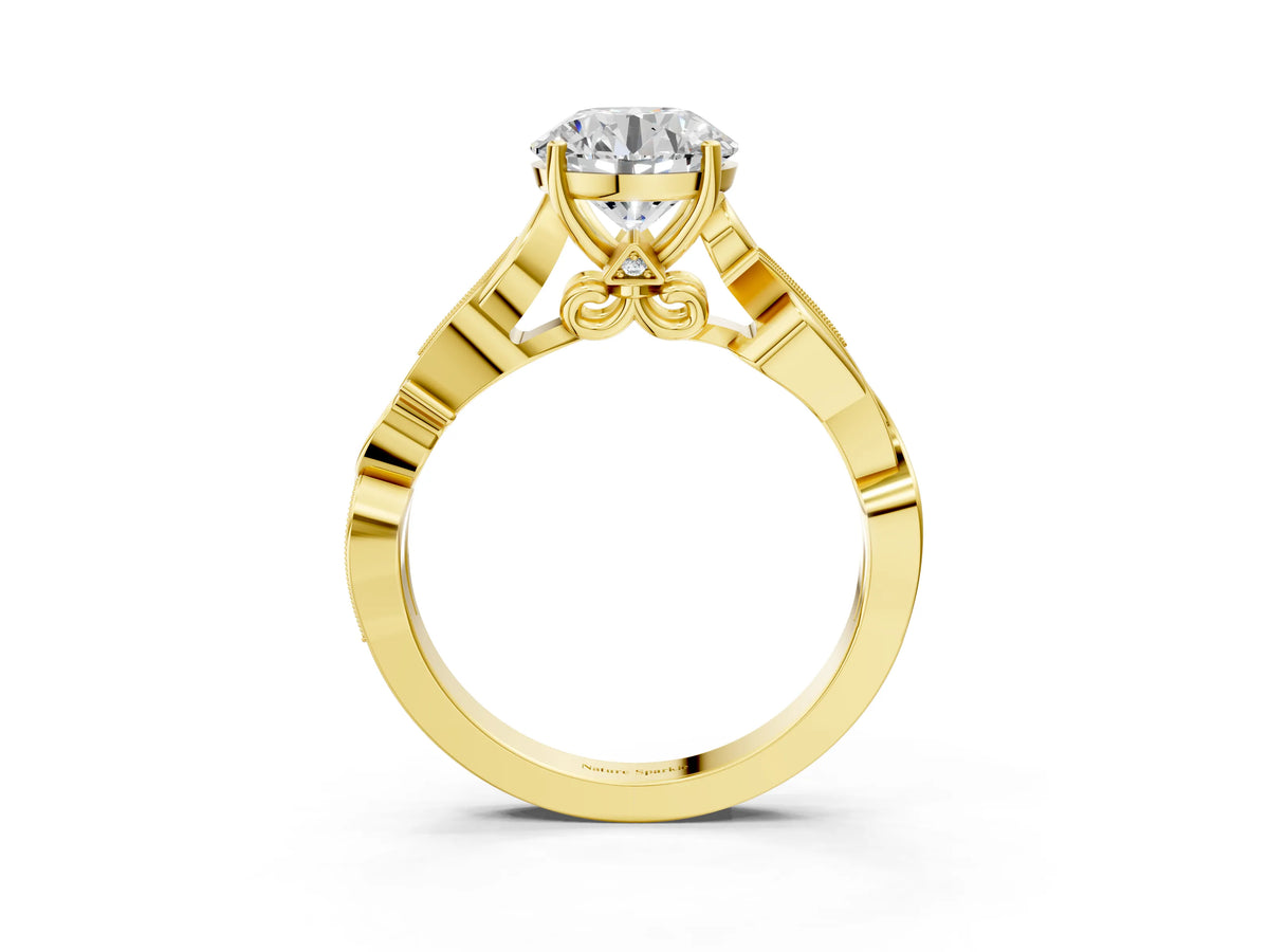 Emerald Cut Diamond Solitaire Vine Band Ring in Yellow gold with Milgrain Prong Setting_3