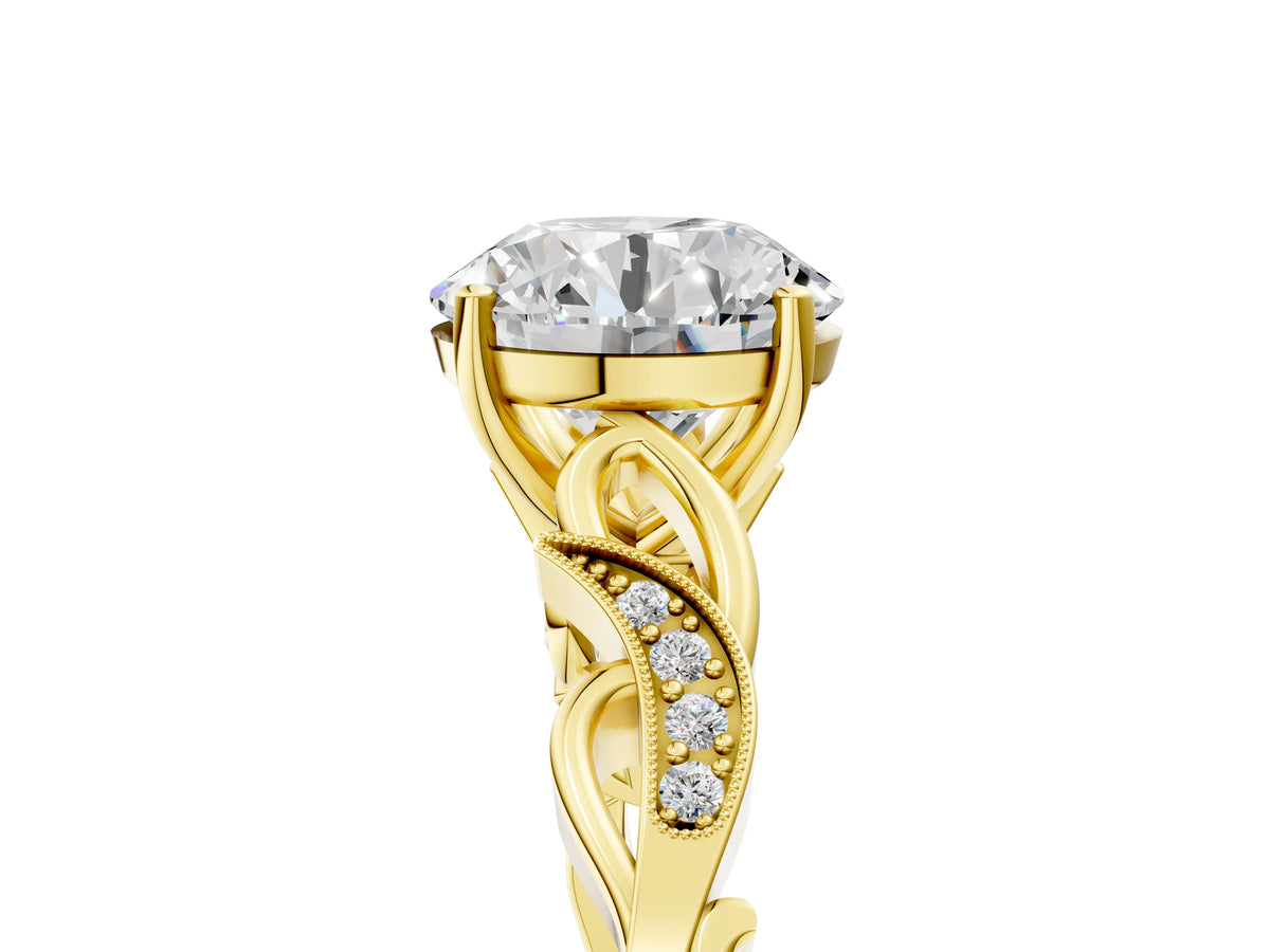 Emerald Cut Diamond Solitaire Vine Band Ring in Yellow gold with Milgrain Prong Setting_5