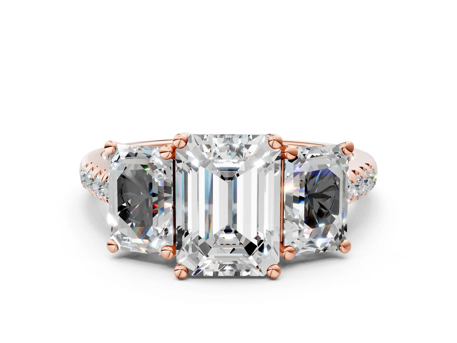 Emerald Cut Diamond Trellis Three-Stone Engagement Ring in Rose gold with Round Side Stones_30
