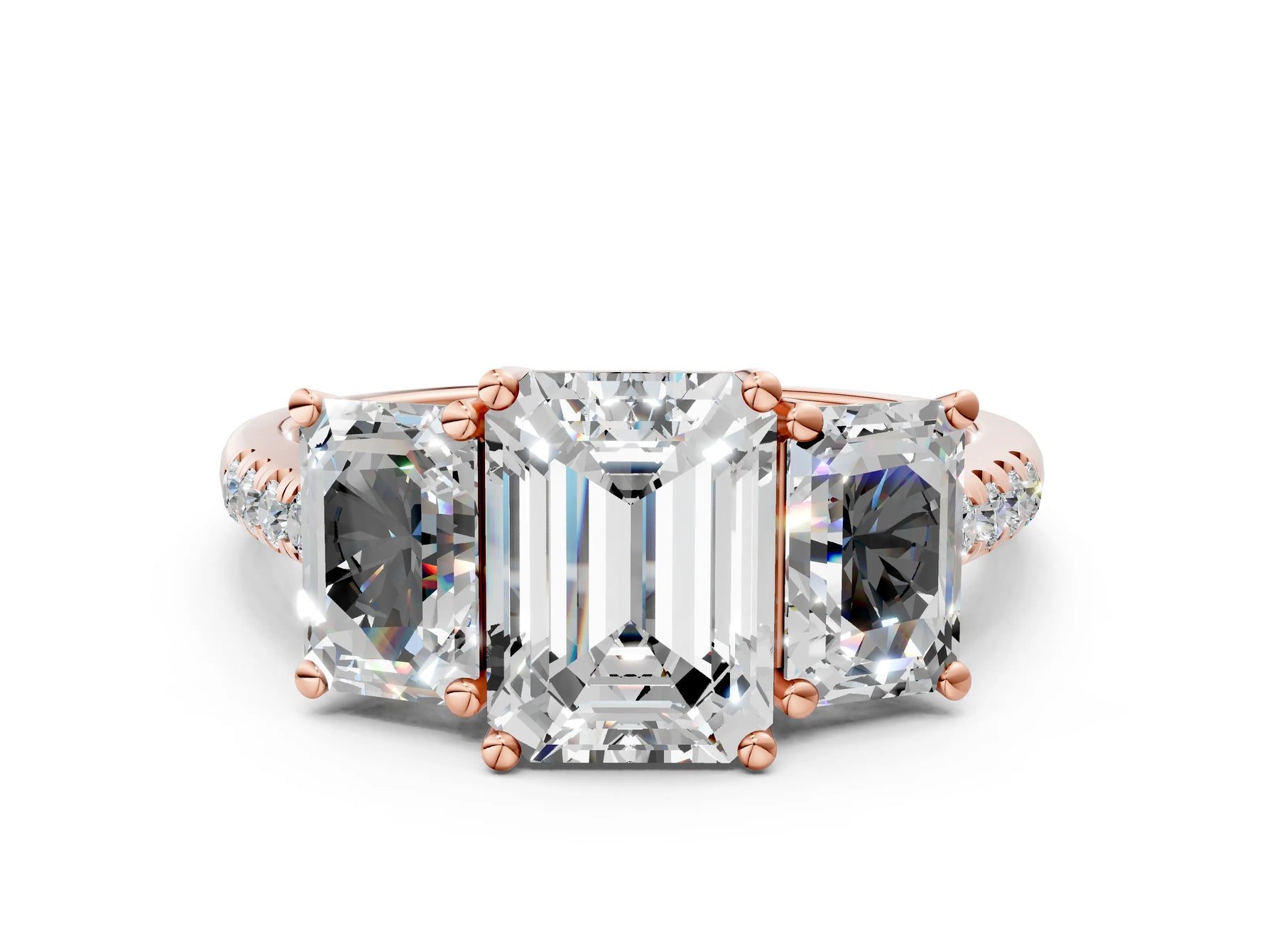 Emerald Cut Diamond Trellis Three-Stone Engagement Ring in Rose gold with Round Side Stones_30