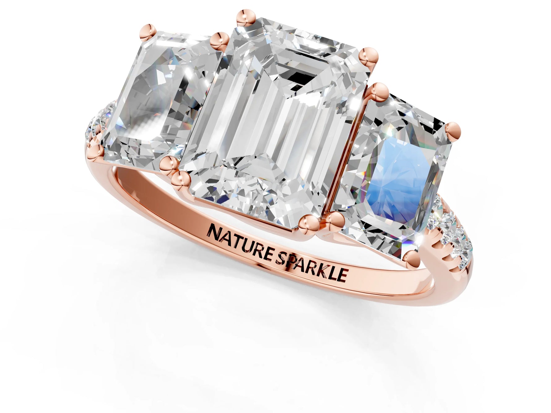 Emerald Cut Diamond Trellis Three-Stone Engagement Ring in Rose gold with Round Side Stones_31
