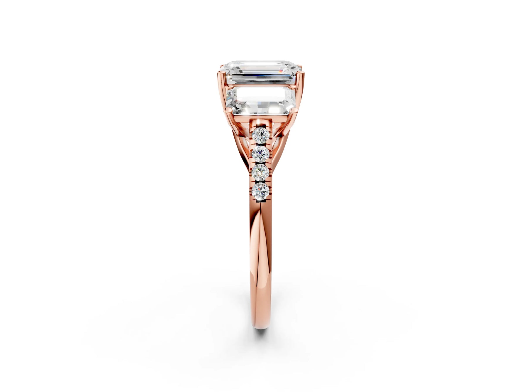 Emerald Cut Diamond Trellis Three-Stone Engagement Ring in Rose gold with Round Side Stones_32