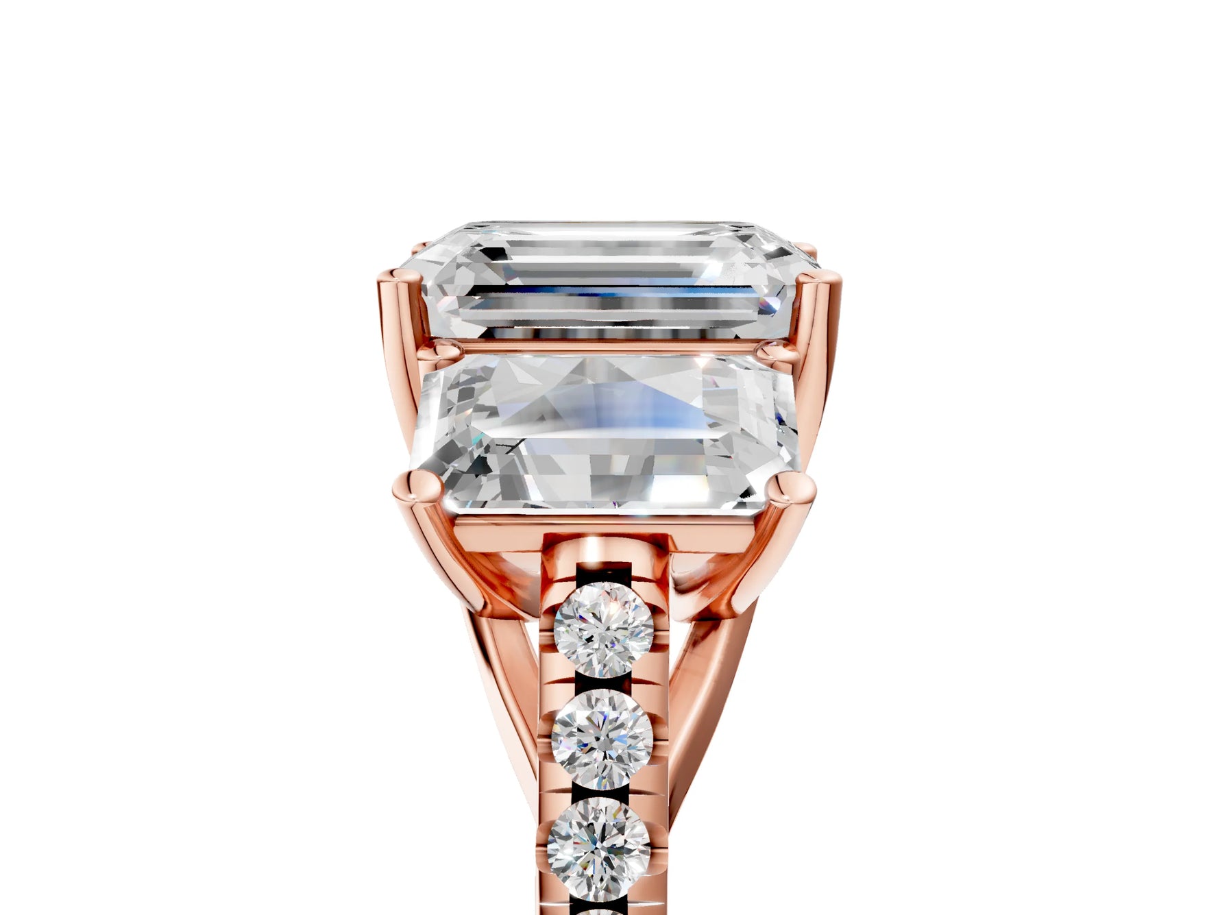 Emerald Cut Diamond Trellis Three-Stone Engagement Ring in Rose gold with Round Side Stones_35
