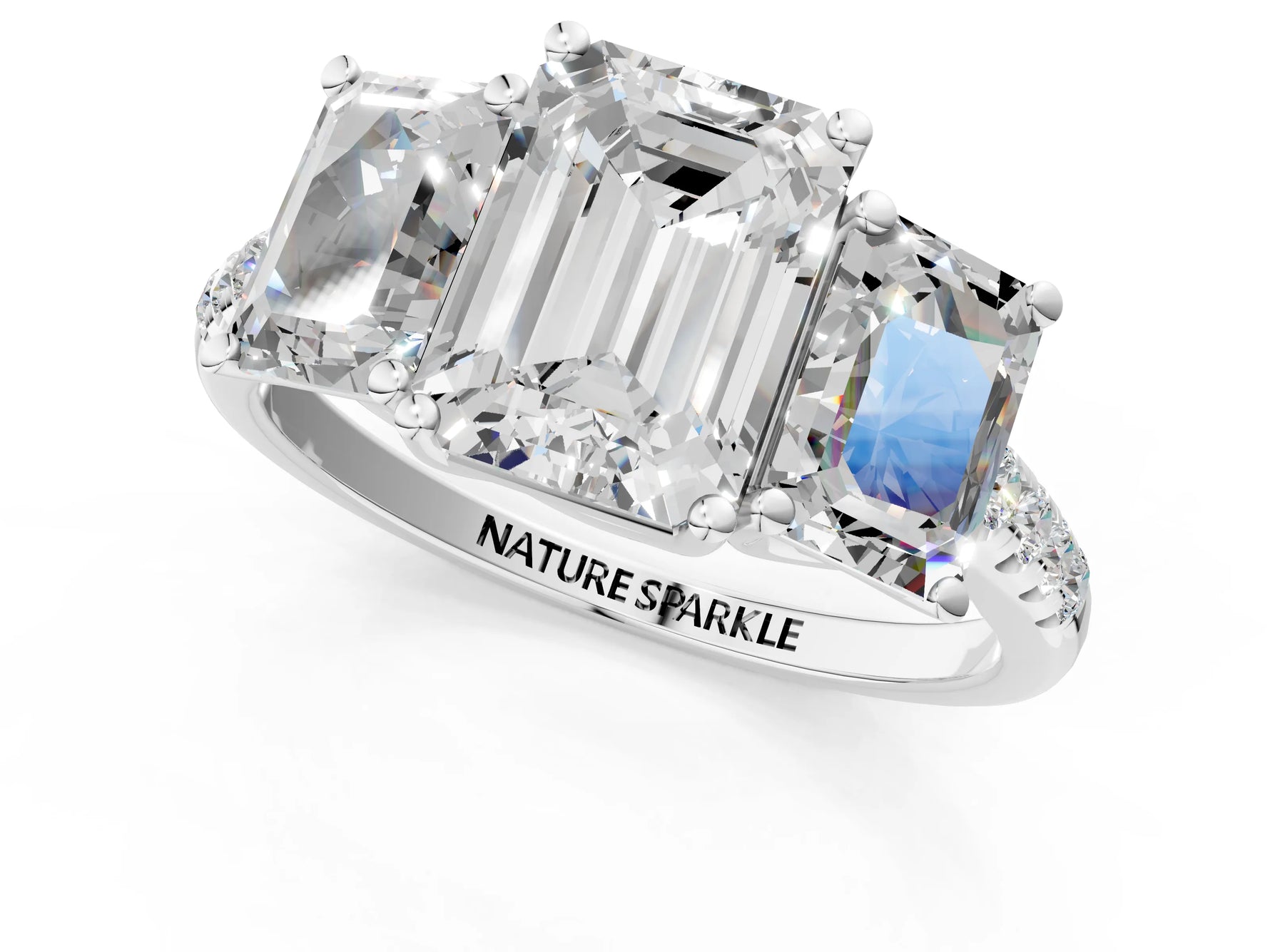 Emerald Cut Diamond Trellis Three-Stone Engagement Ring in White gold with Round Side Stones_31