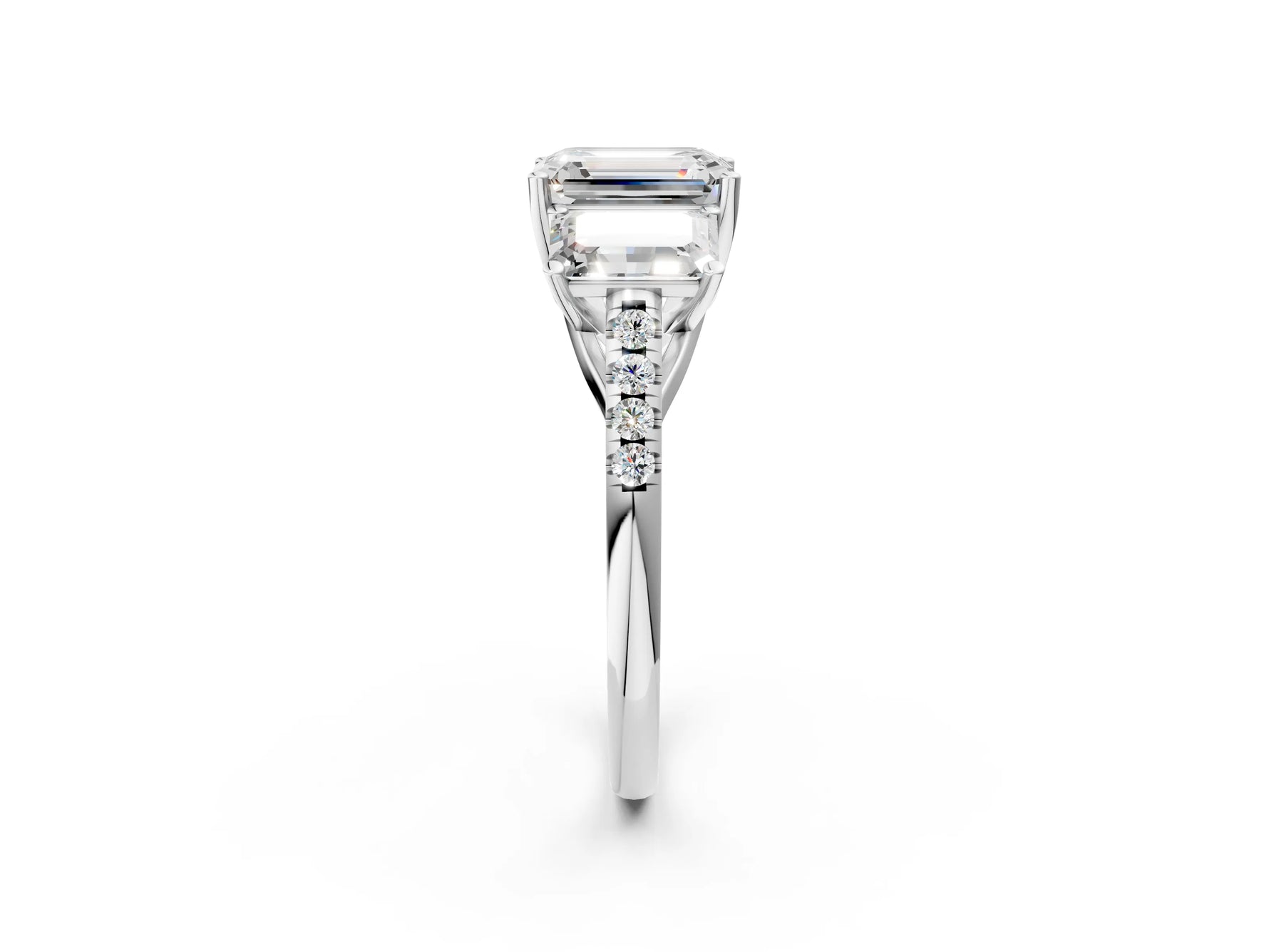 Emerald Cut Diamond Trellis Three-Stone Engagement Ring in White gold with Round Side Stones_32