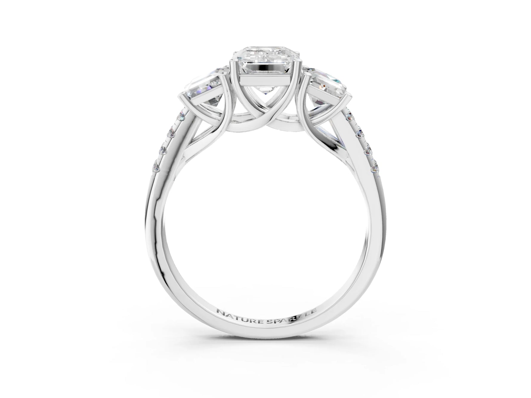 Emerald Cut Diamond Trellis Three-Stone Engagement Ring in White gold with Round Side Stones_33